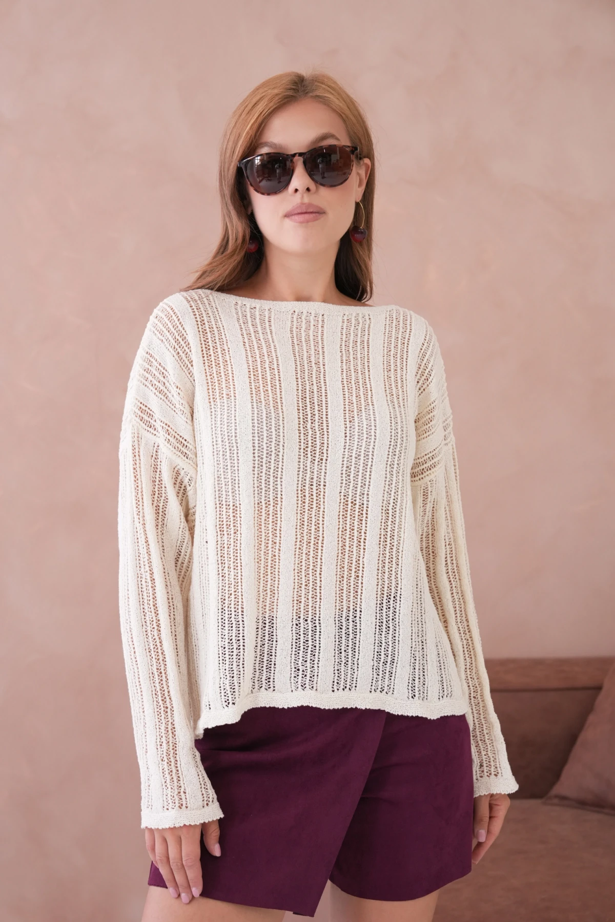 Kadın Kayık Yaka Örgü Detay Oversize Triko Kazak