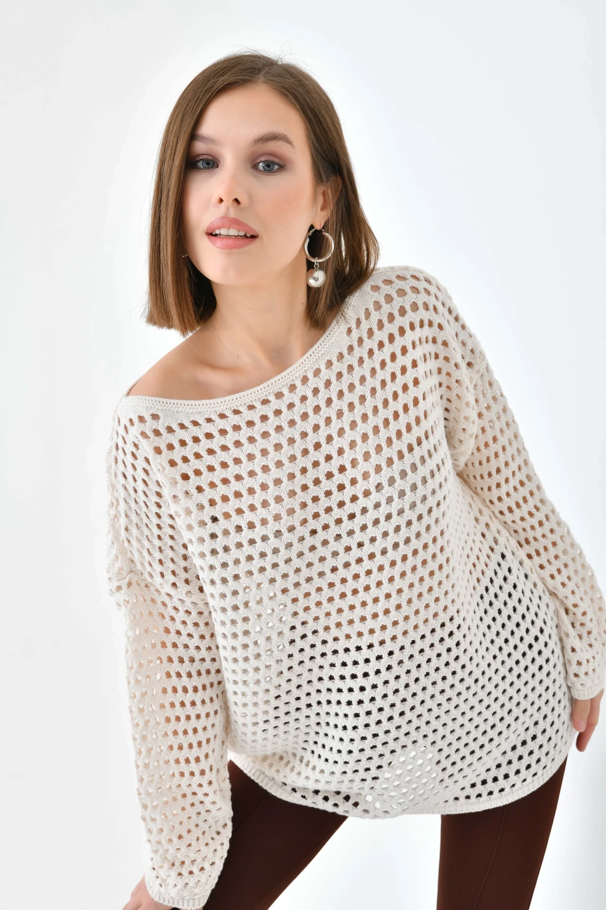 Kadın Kayık Yaka Örgü Detay Oversize Triko Kazak