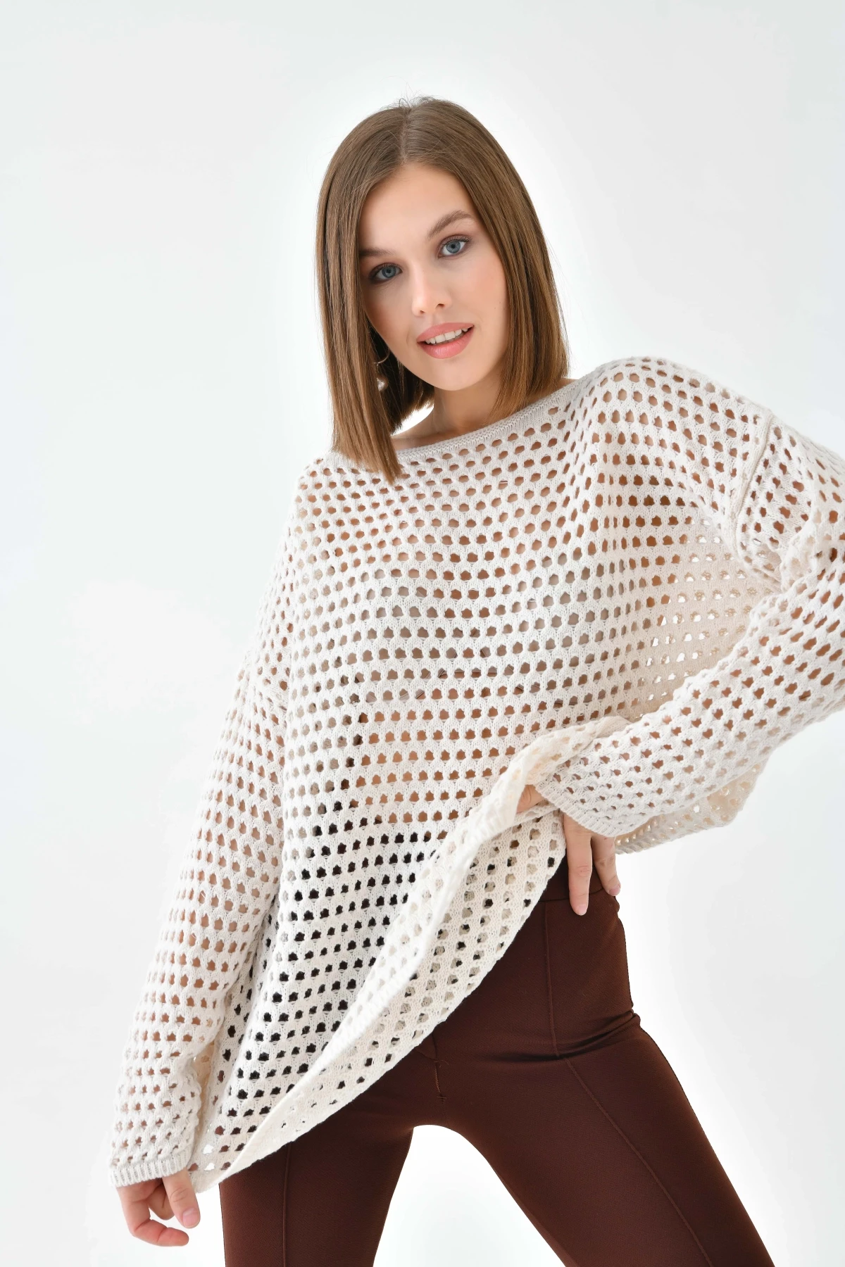 Kadın Kayık Yaka Örgü Detay Oversize Triko Kazak