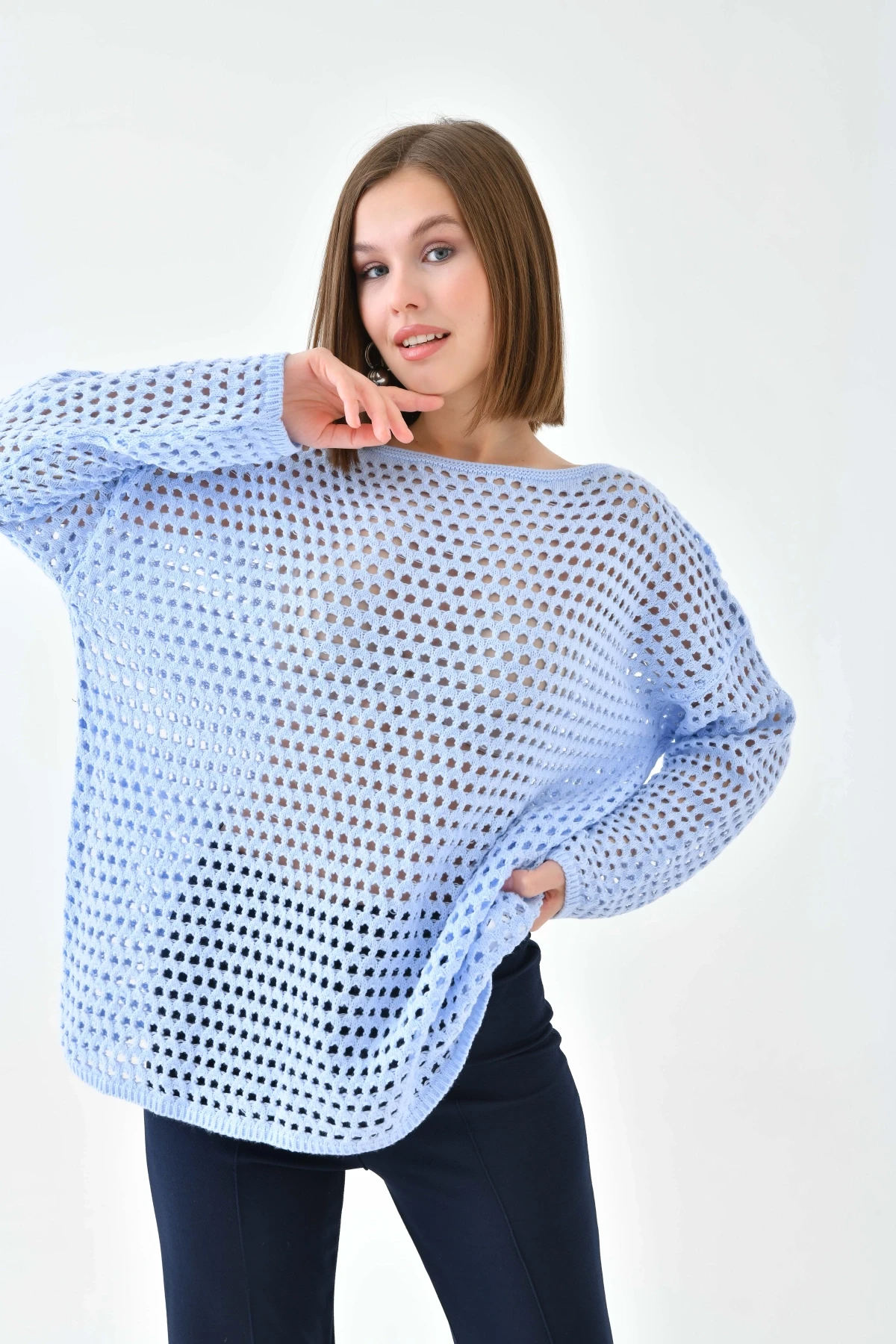 Kadın Kayık Yaka Örgü Detay Oversize Triko Kazak