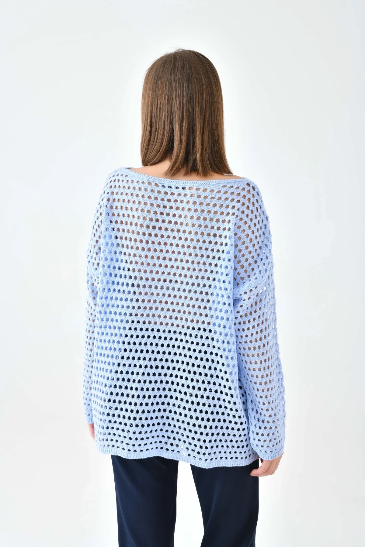 Kadın Kayık Yaka Örgü Detay Oversize Triko Kazak