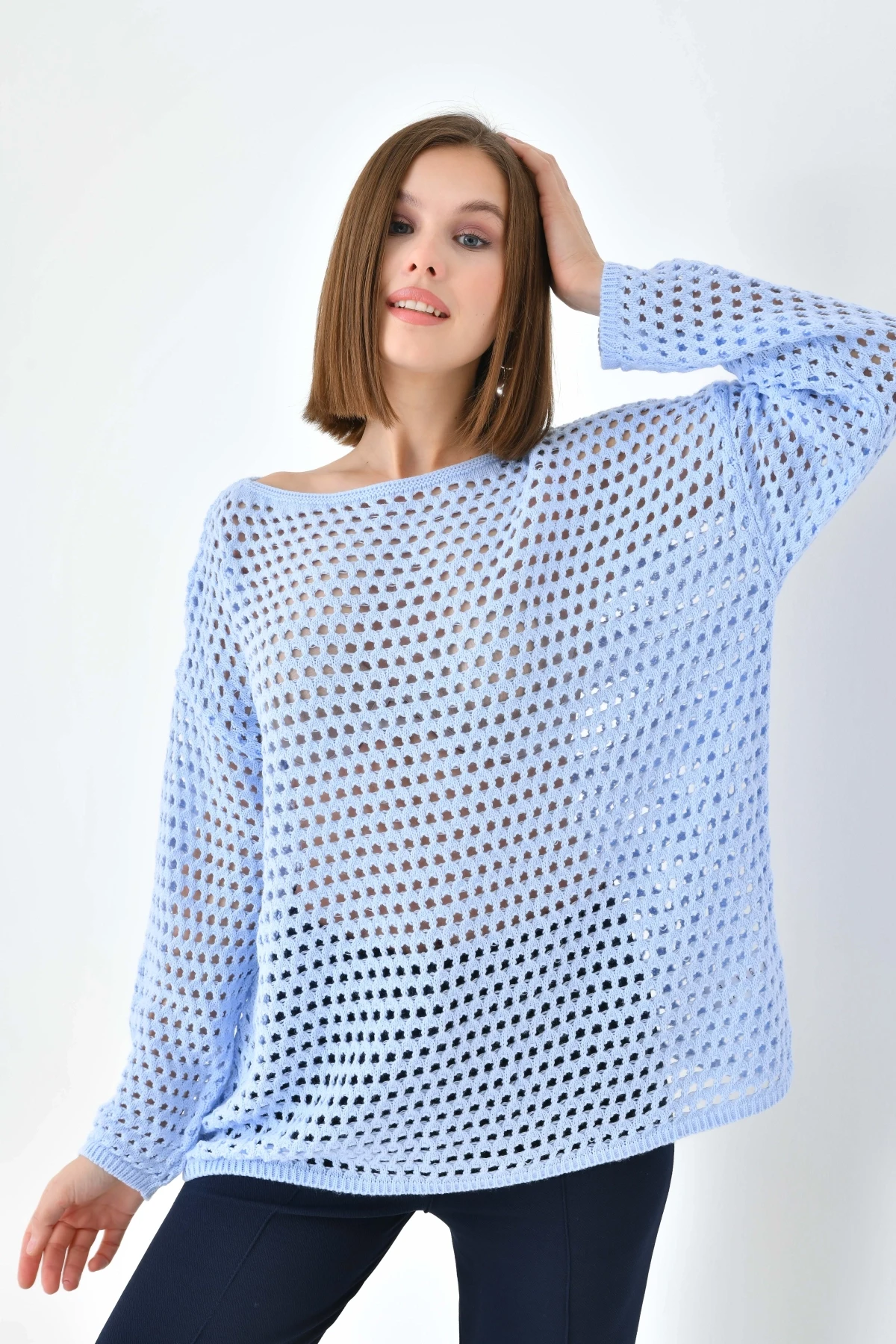 Kadın Kayık Yaka Örgü Detay Oversize Triko Kazak