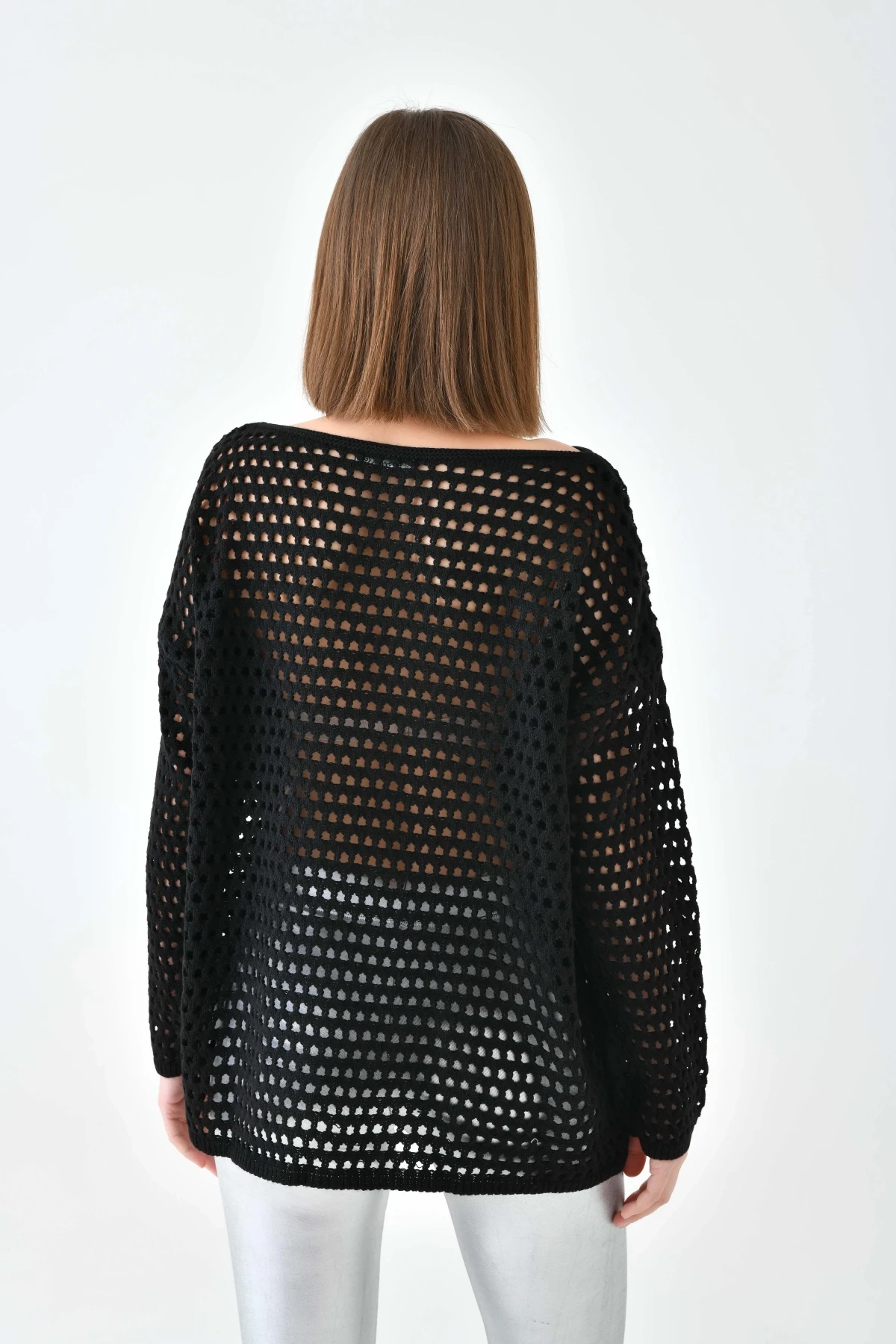 Kadın Kayık Yaka Örgü Detay Oversize Triko Kazak