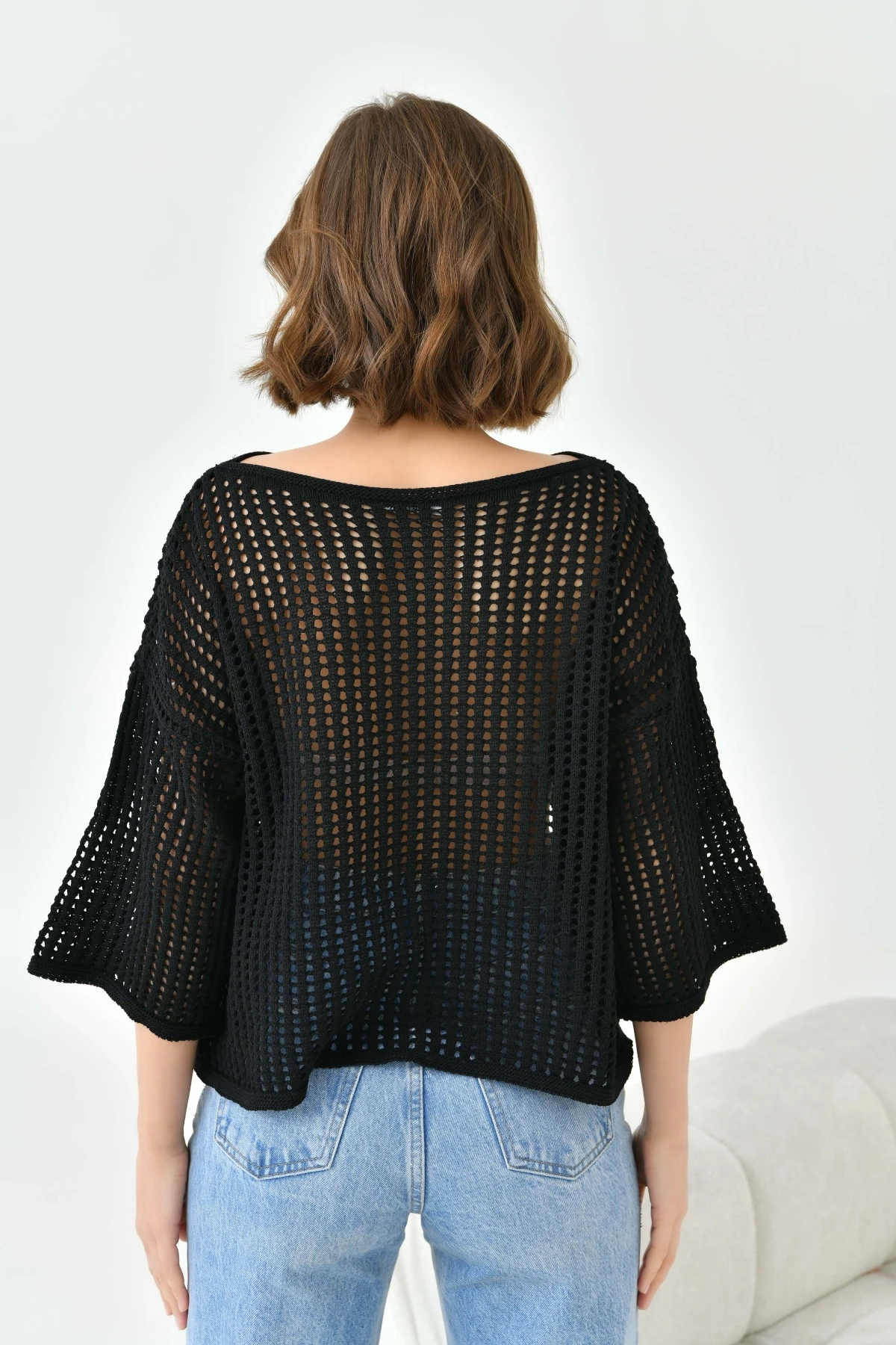 Kadın Kayık Yaka Örgü Detay Oversize Triko Kazak