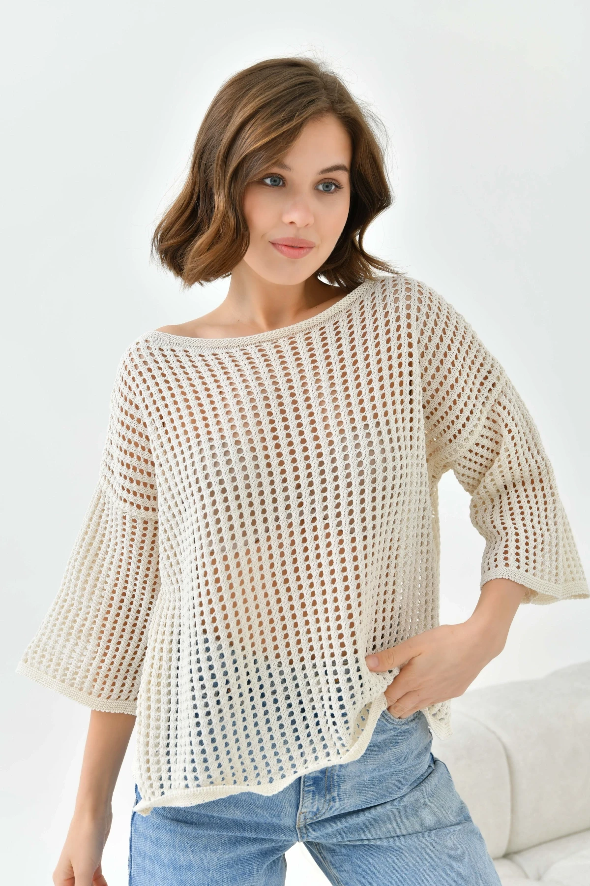 Kadın Kayık Yaka Örgü Detay Oversize Triko Kazak