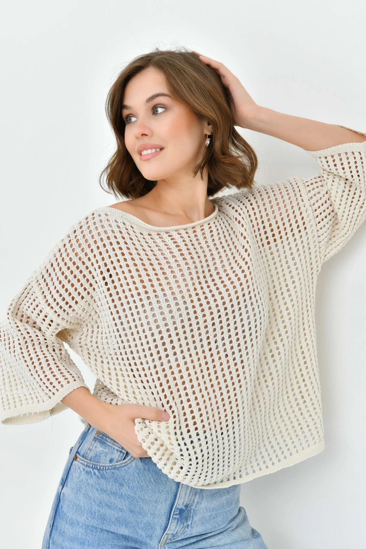 Kadın Kayık Yaka Örgü Detay Oversize Triko Kazak