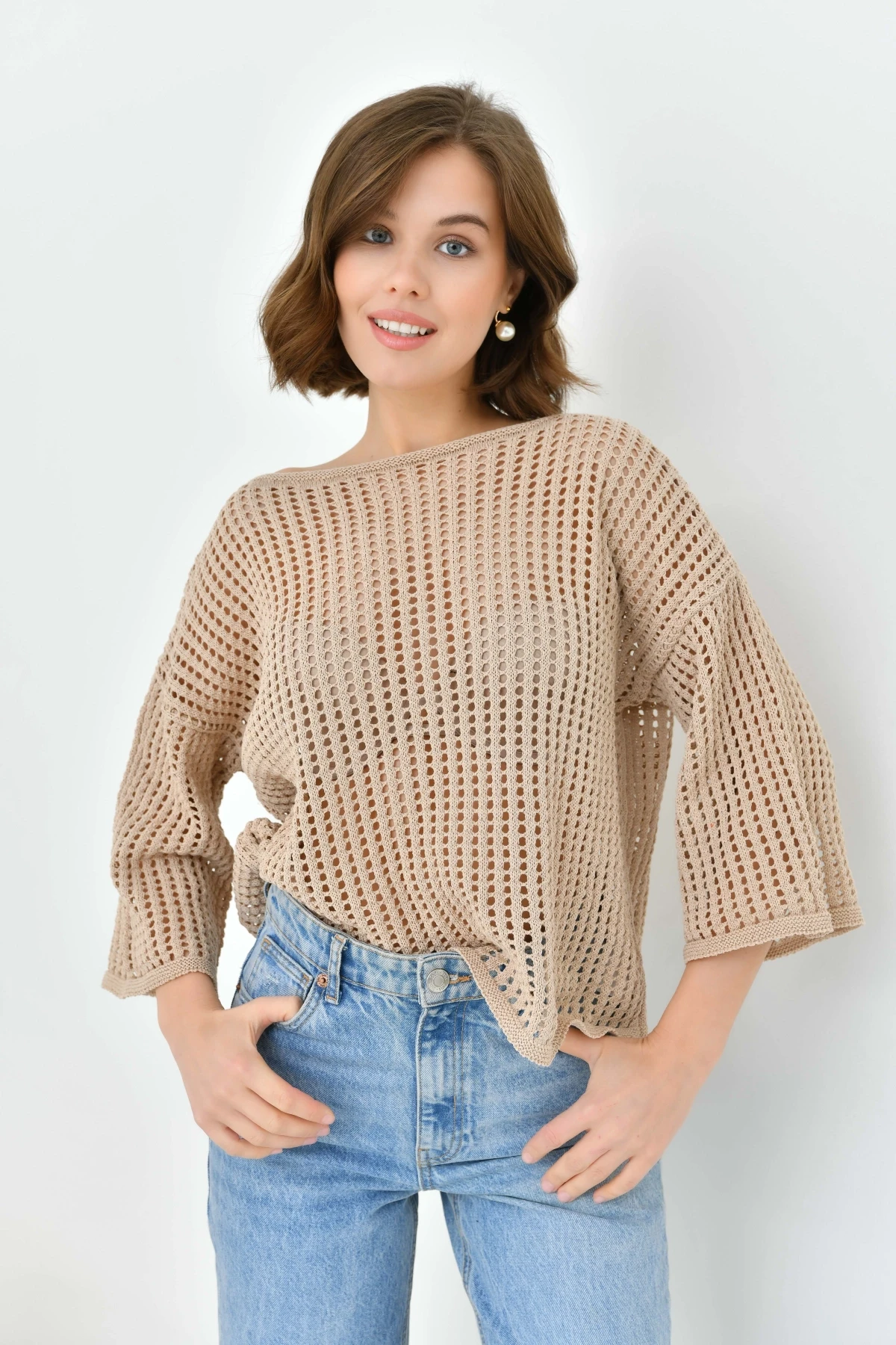 Kadın Kayık Yaka Örgü Detay Oversize Triko Kazak