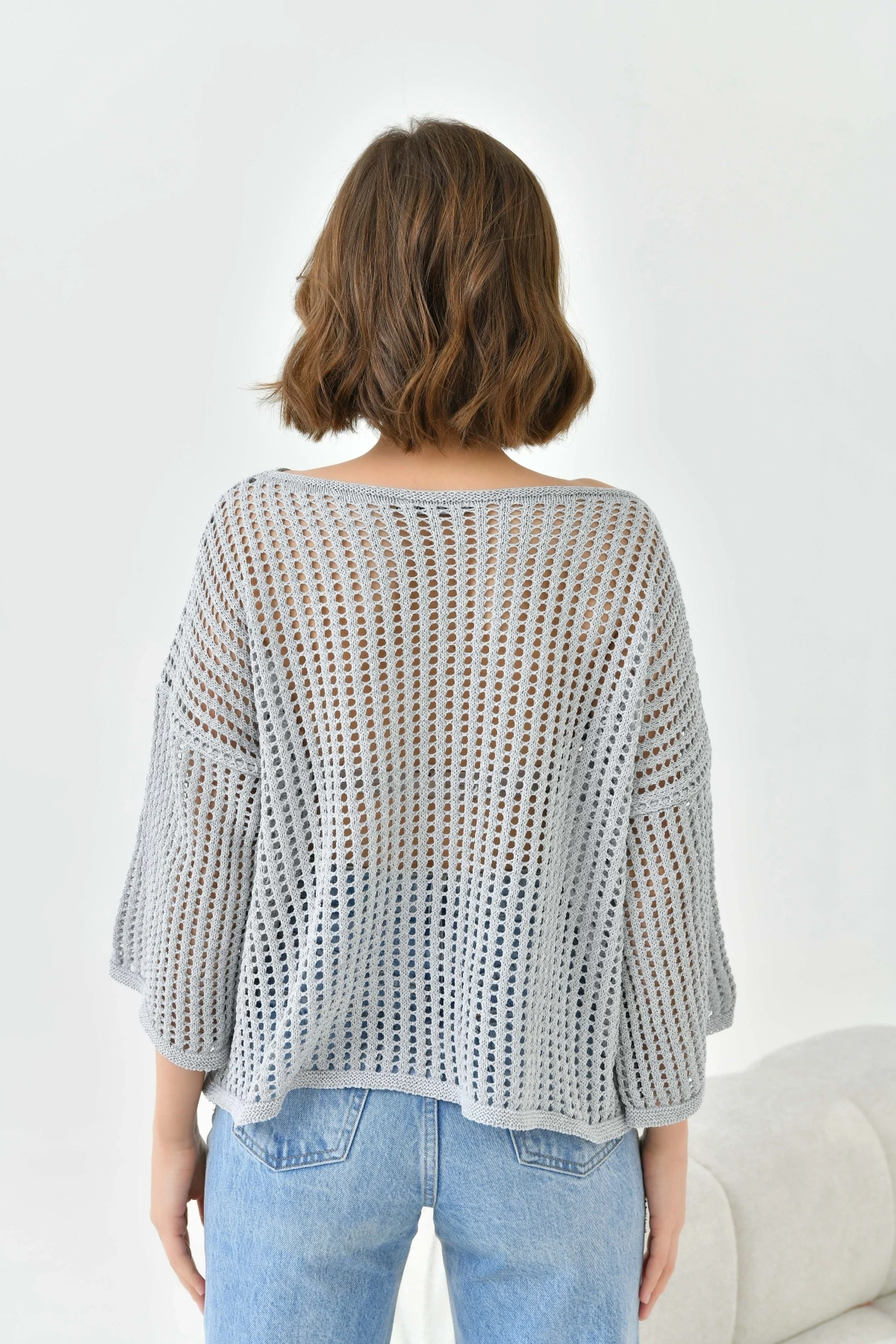 Kadın Kayık Yaka Örgü Detay Oversize Triko Kazak