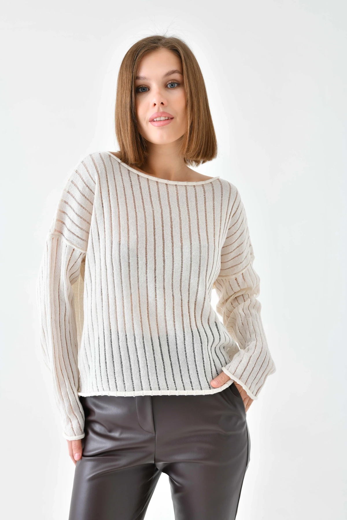 Kadın Kayık Yaka Örgü Detay Salaş Triko Kazak