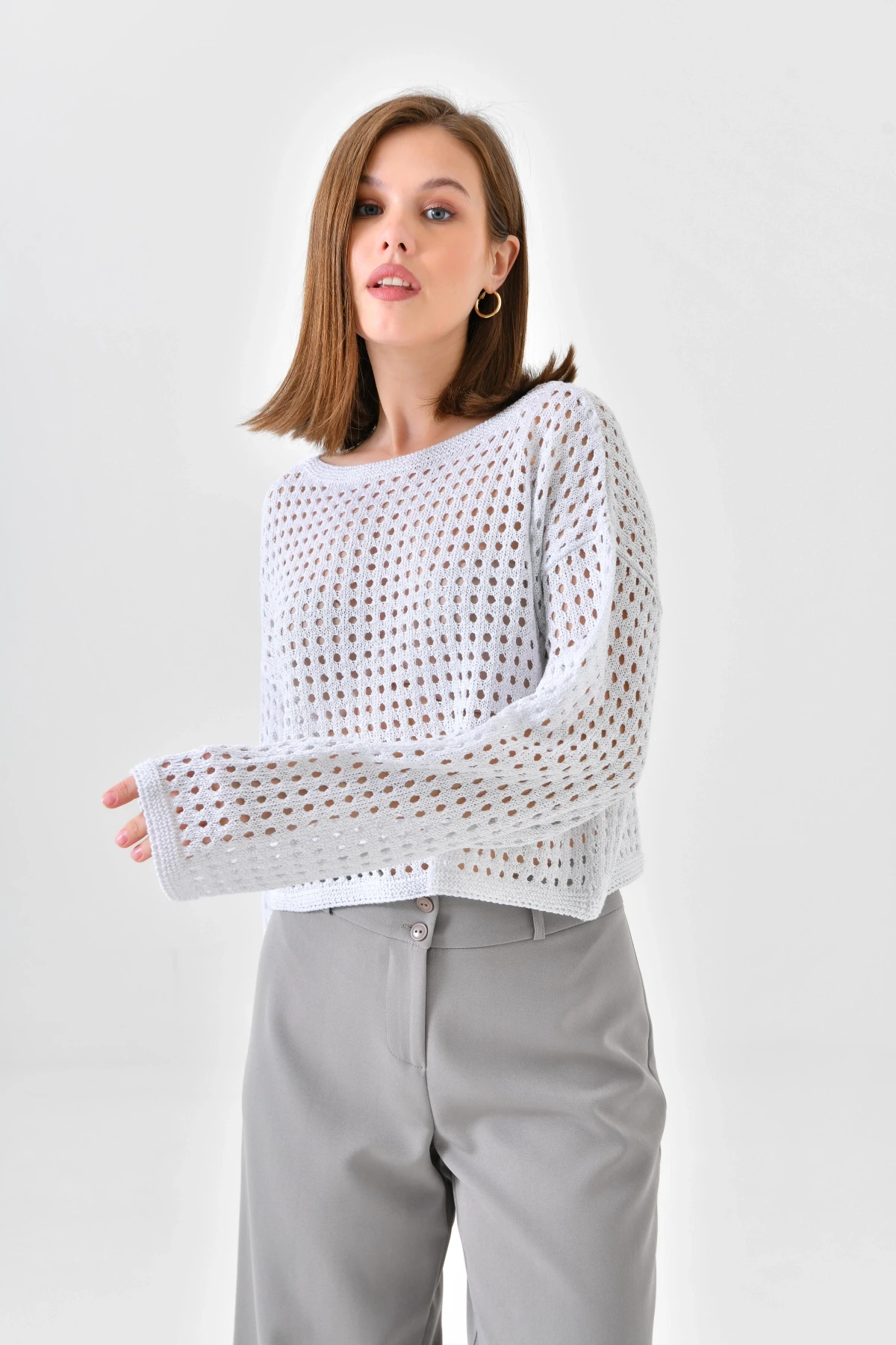 Kadın Kayık Yaka Örgü Detay Simli Crop Triko Kazak