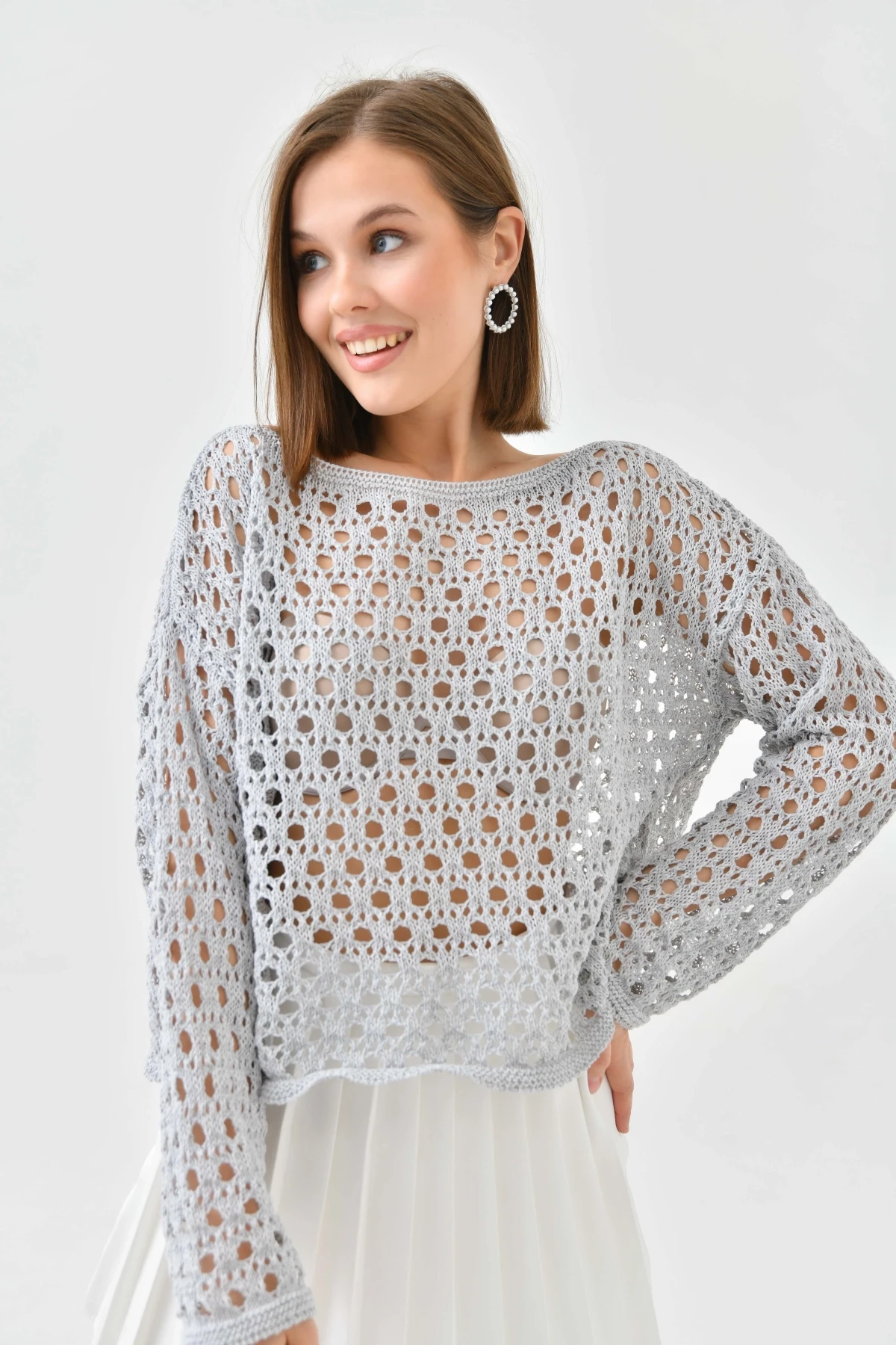 Kadın Kayık Yaka Örgü Detay Triko Kazak