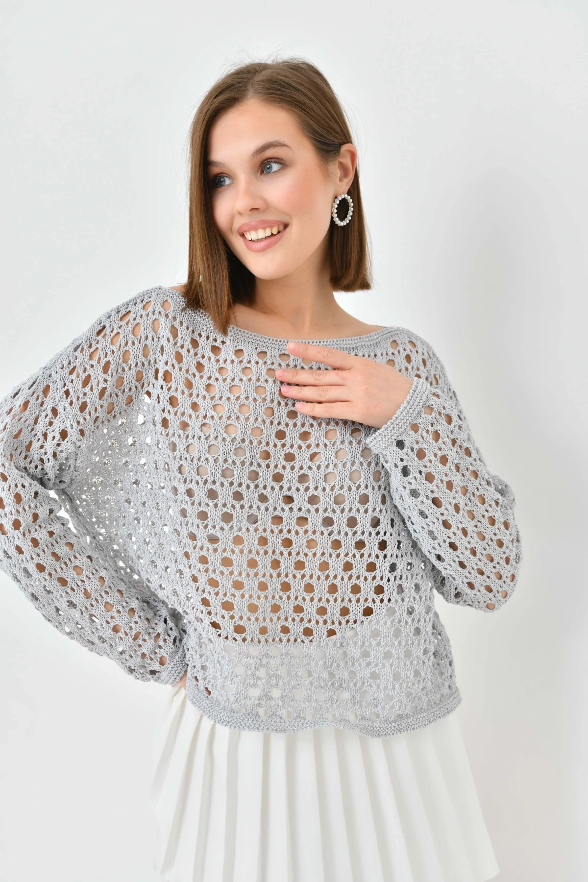 Kadın Kayık Yaka Örgü Detay Triko Kazak