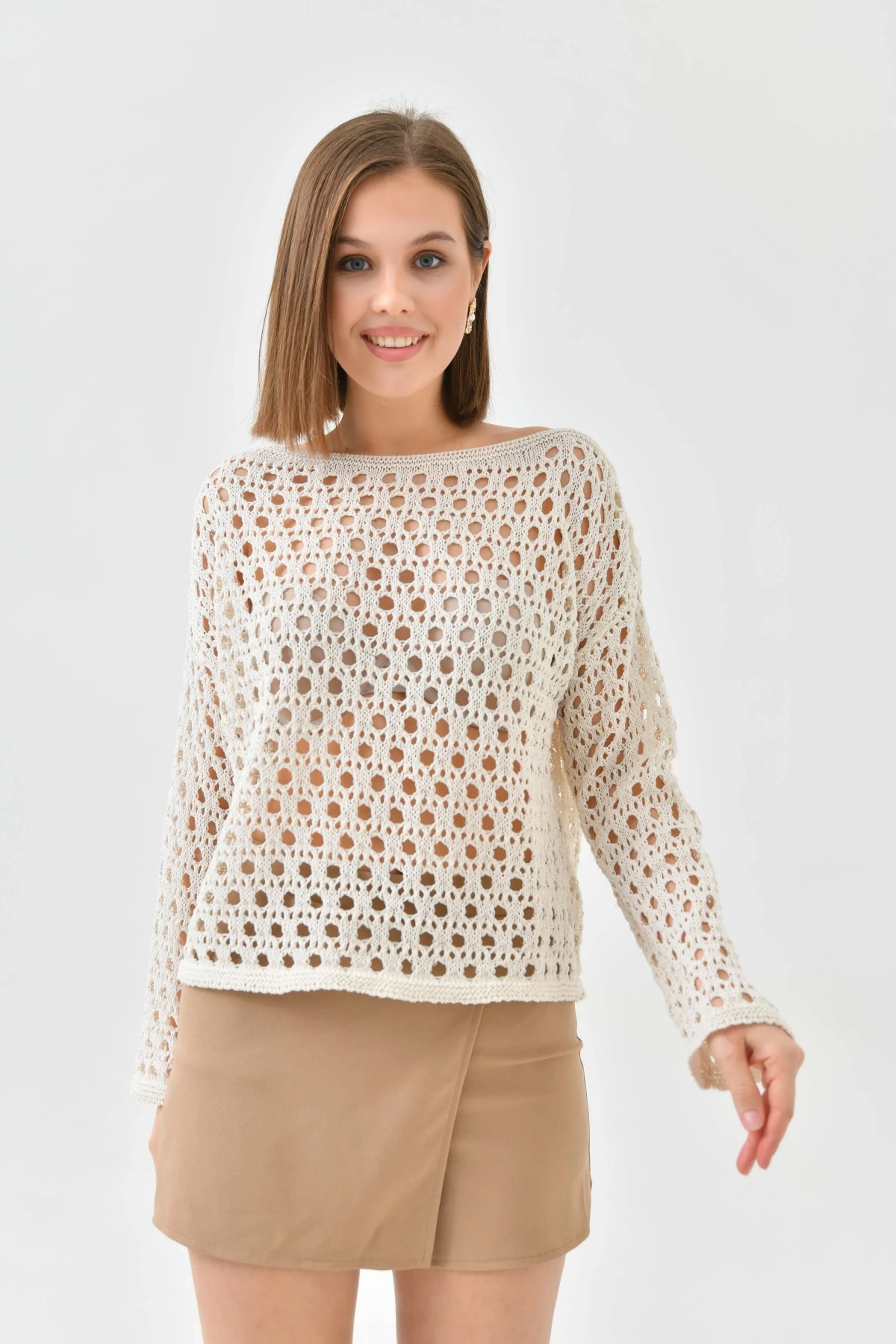 Kadın Kayık Yaka Örgü Detay Triko Kazak