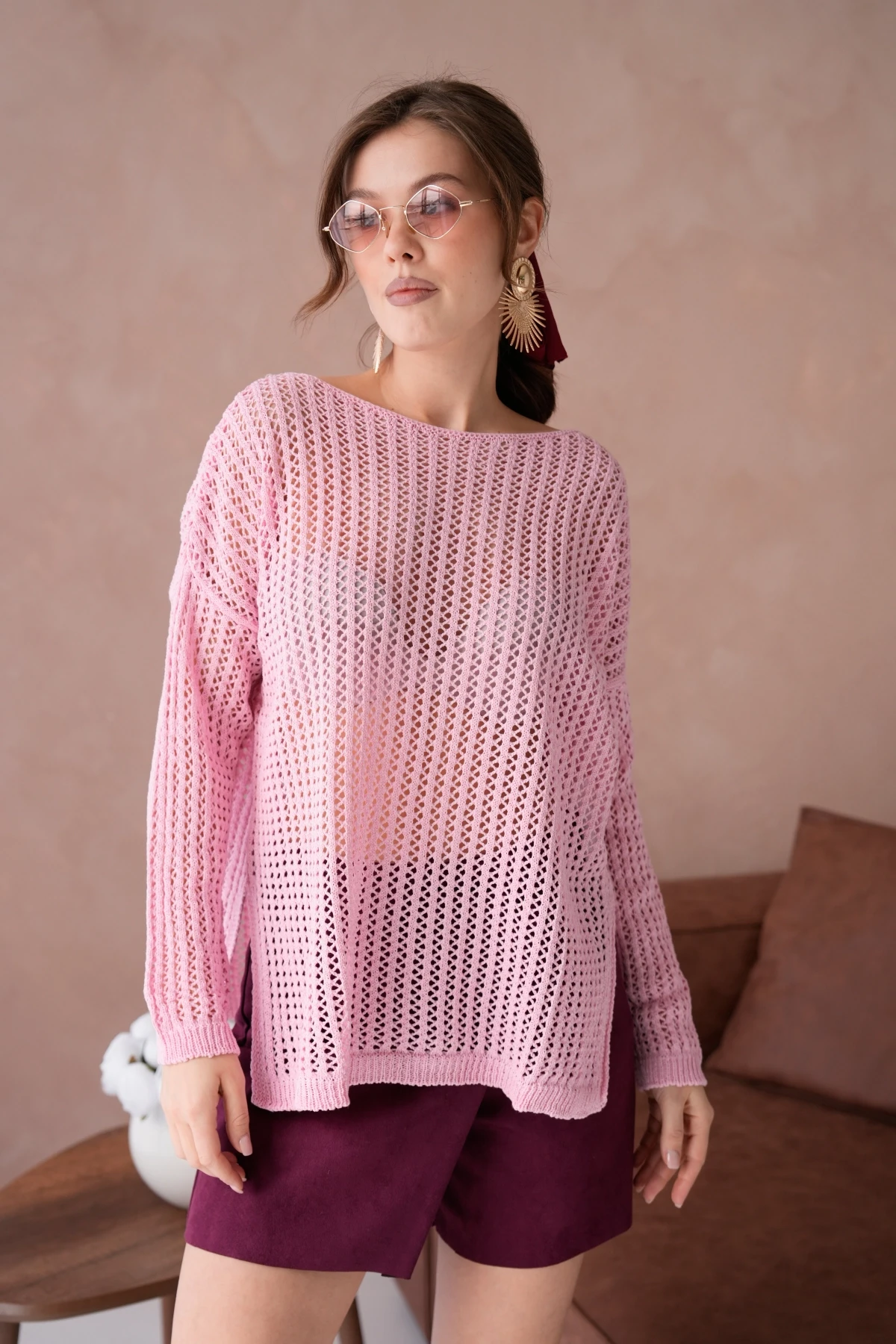 Kadın Kayık Yaka Örgü Detay Yırtmaçlı Triko Kazak