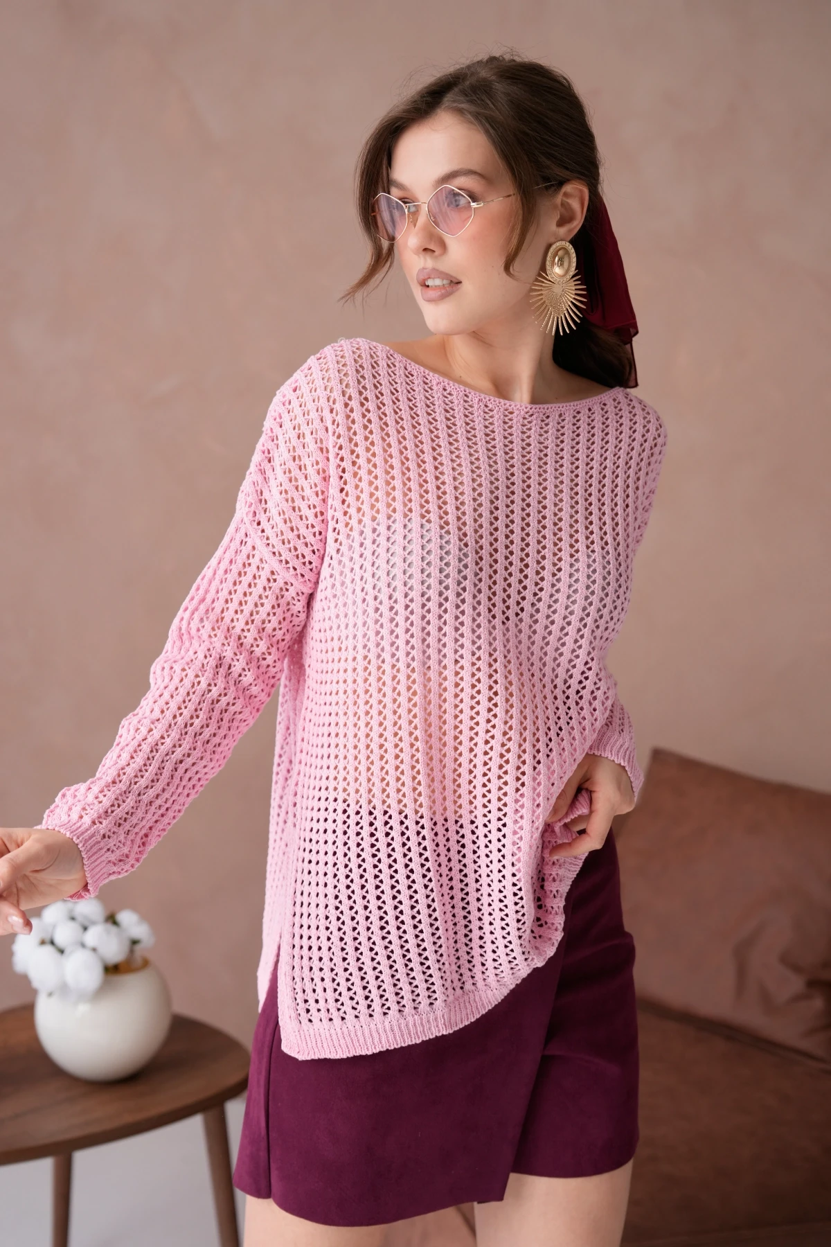 Kadın Kayık Yaka Örgü Detay Yırtmaçlı Triko Kazak