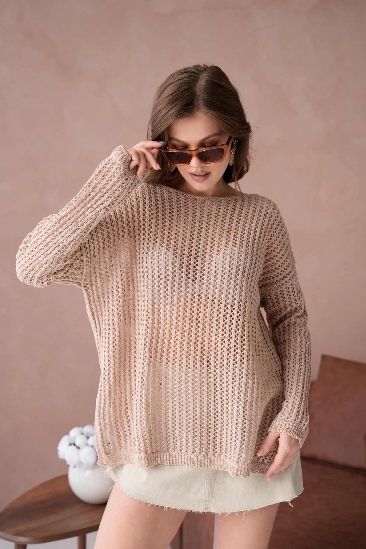 Kadın Kayık Yaka Örgü Detay Yırtmaçlı Triko Kazak