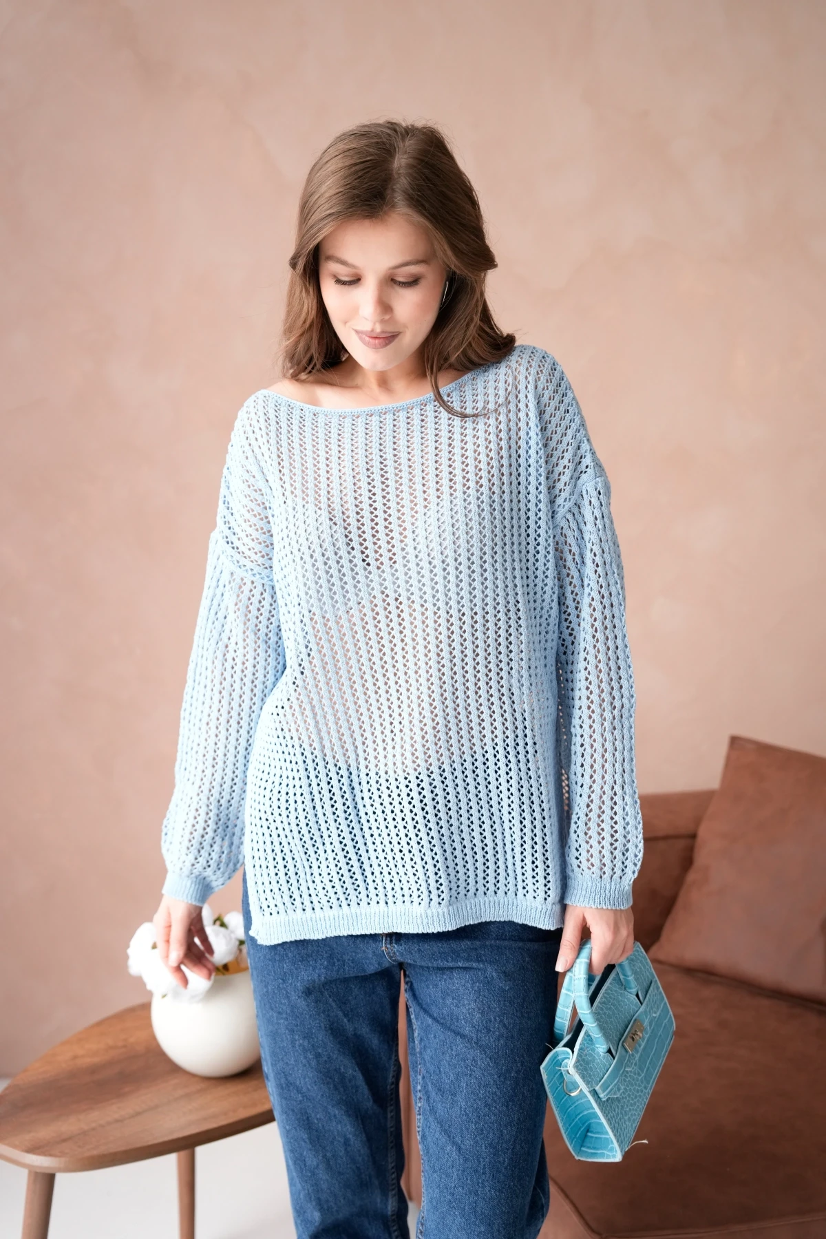 Kadın Kayık Yaka Örgü Detay Yırtmaçlı Triko Kazak