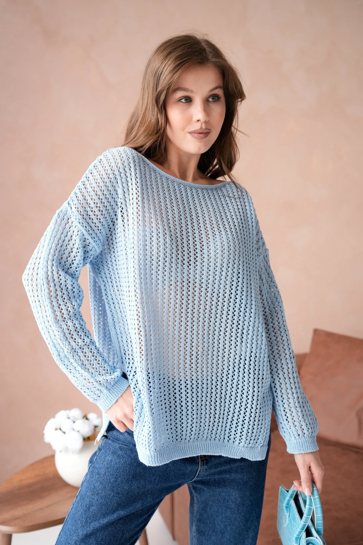 Kadın Kayık Yaka Örgü Detay Yırtmaçlı Triko Kazak