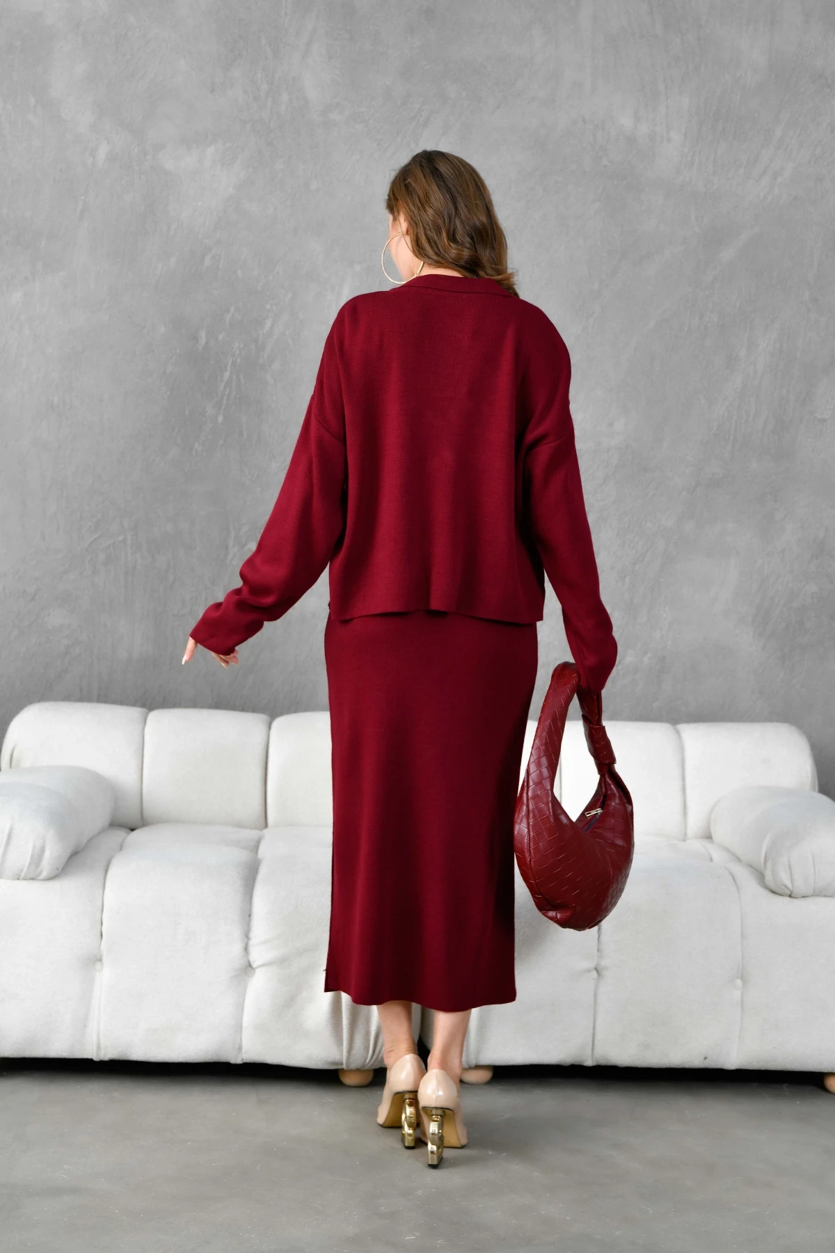 Kadın Polo Yaka Yarım Pat Oversize Kazak Pantolon Triko Alt-Üst Takım