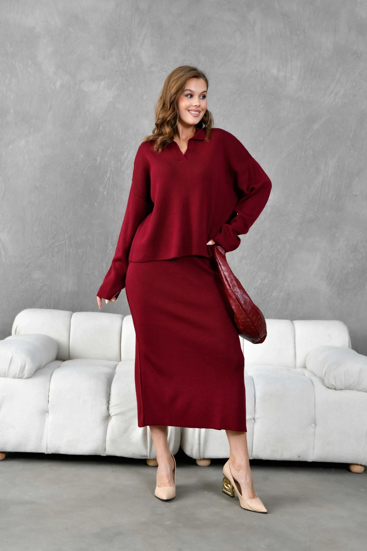 Kadın Polo Yaka Yarım Pat Oversize Kazak Pantolon Triko Alt-Üst Takım