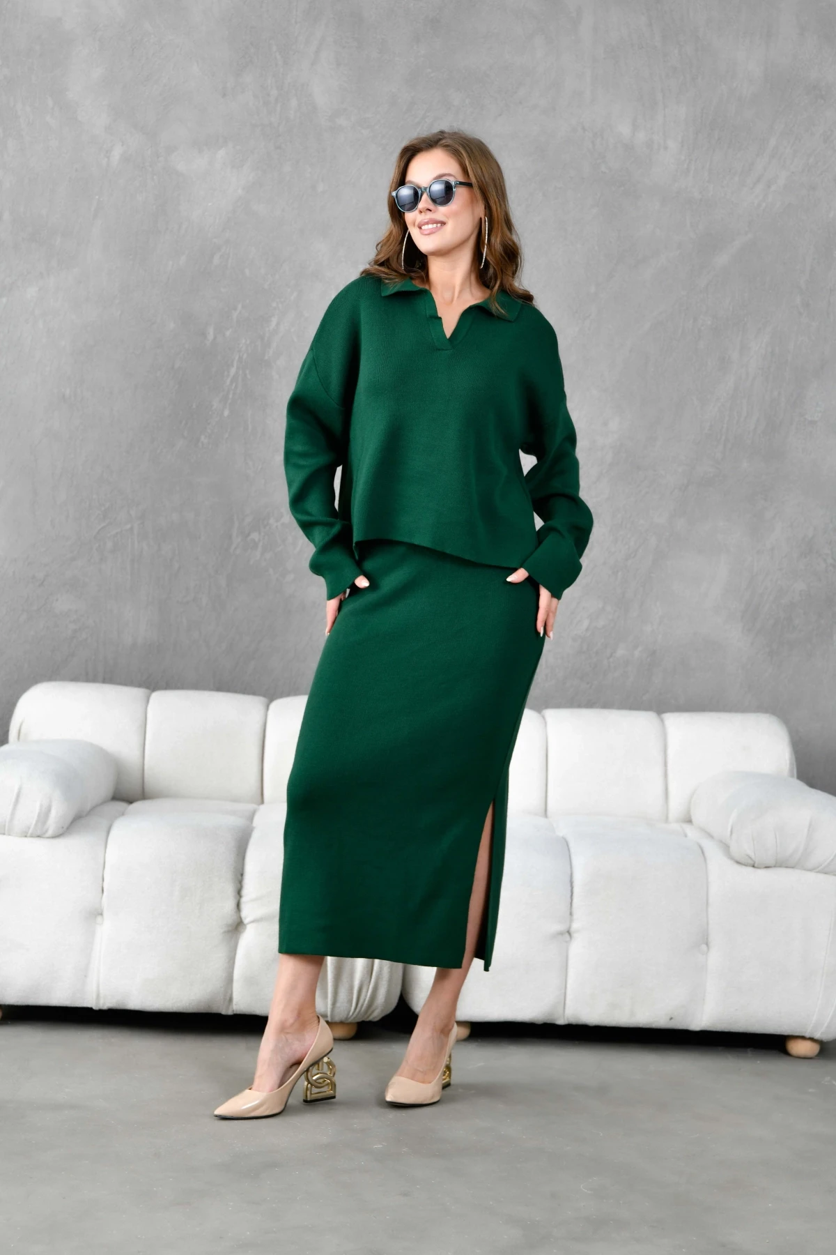 Kadın Polo Yaka Yarım Pat Oversize Kazak Pantolon Triko Alt-Üst Takım