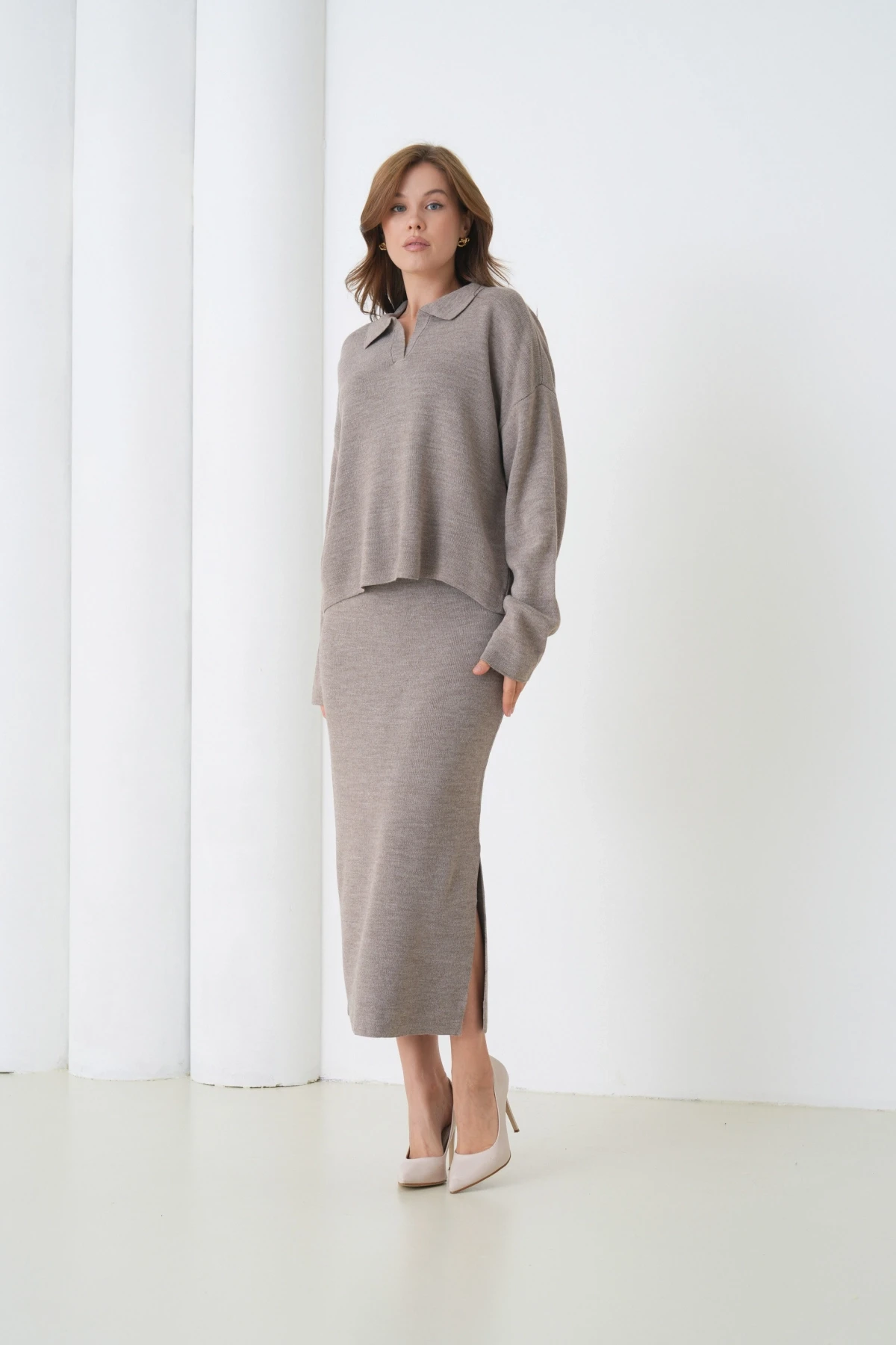 Kadın Polo Yaka Yarım Pat Oversize Kazak Pantolon Triko Alt-Üst Takım