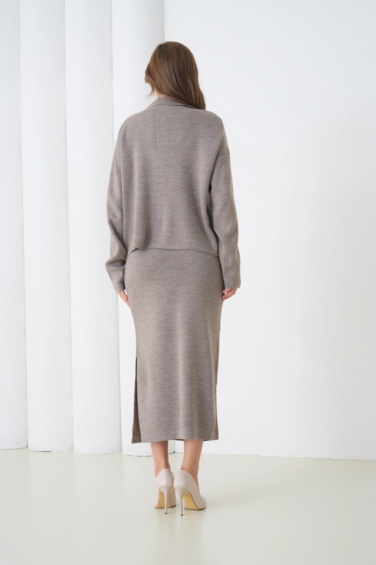 Kadın Polo Yaka Yarım Pat Oversize Kazak Pantolon Triko Alt-Üst Takım