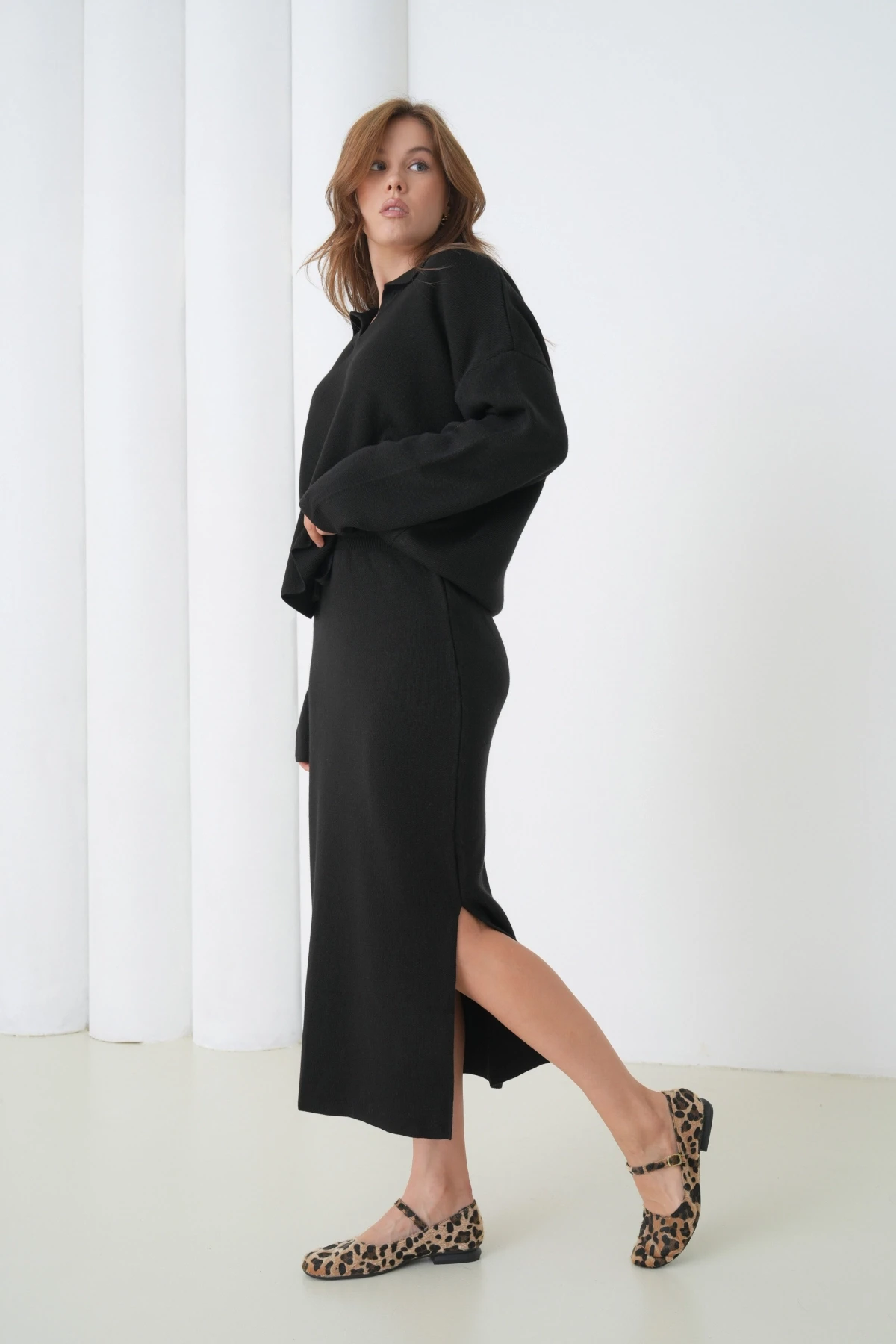 Kadın Polo Yaka Yarım Pat Oversize Kazak Pantolon Triko Alt-Üst Takım