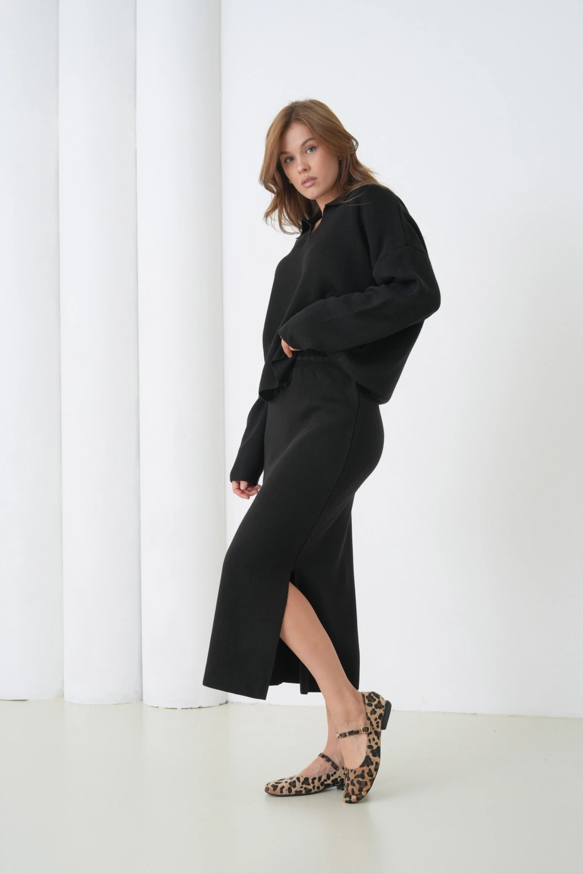 Kadın Polo Yaka Yarım Pat Oversize Kazak Pantolon Triko Alt-Üst Takım