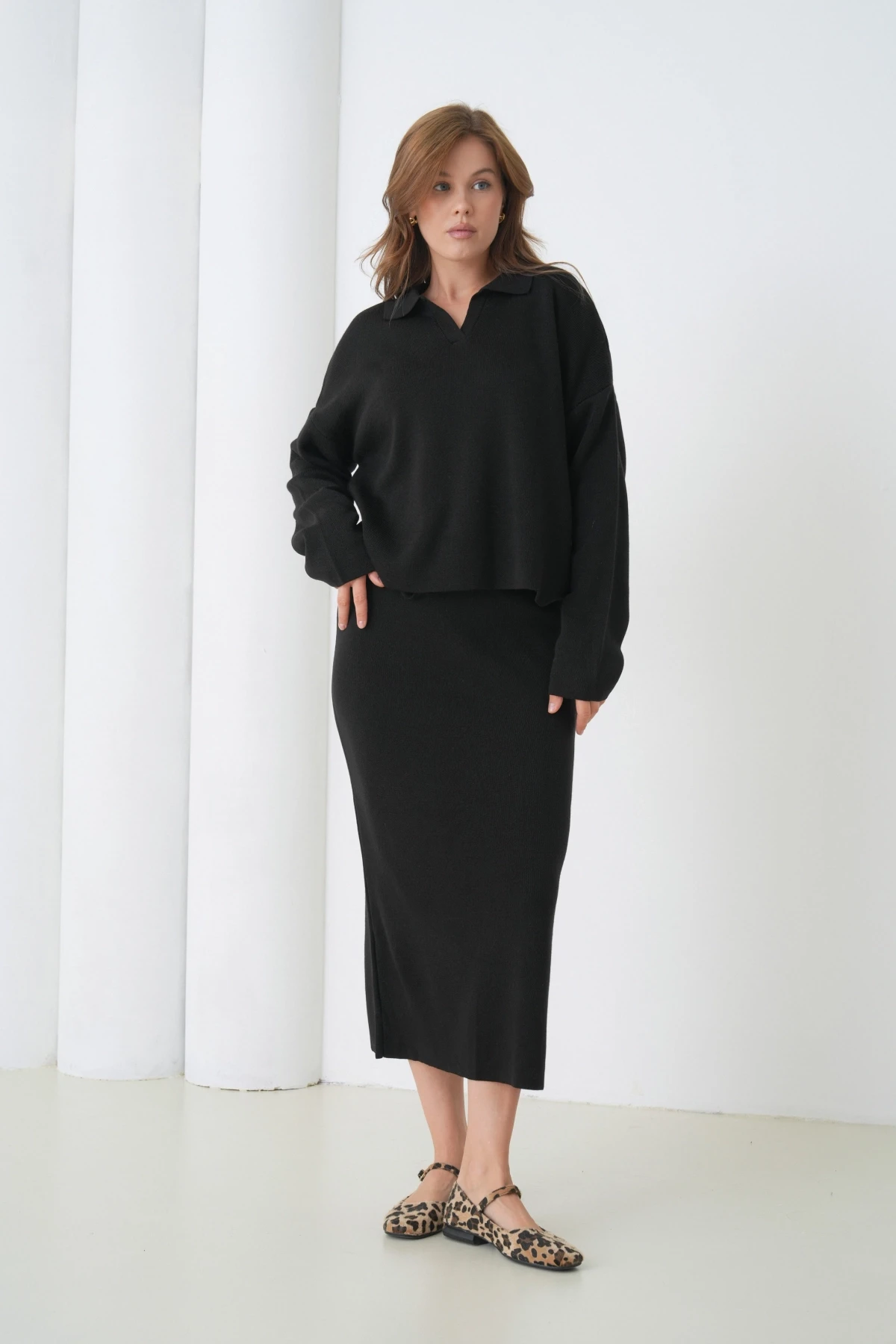 Kadın Polo Yaka Yarım Pat Oversize Kazak Pantolon Triko Alt-Üst Takım