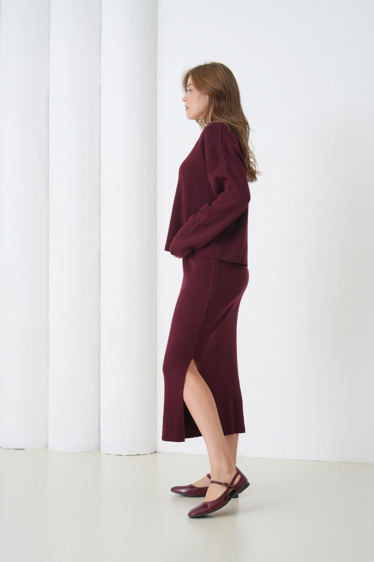 Kadın Polo Yaka Yarım Pat Oversize Kazak Pantolon Triko Alt-Üst Takım