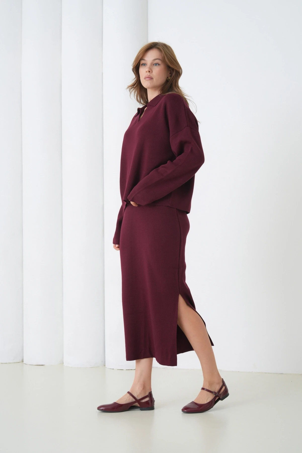 Kadın Polo Yaka Yarım Pat Oversize Kazak Pantolon Triko Alt-Üst Takım