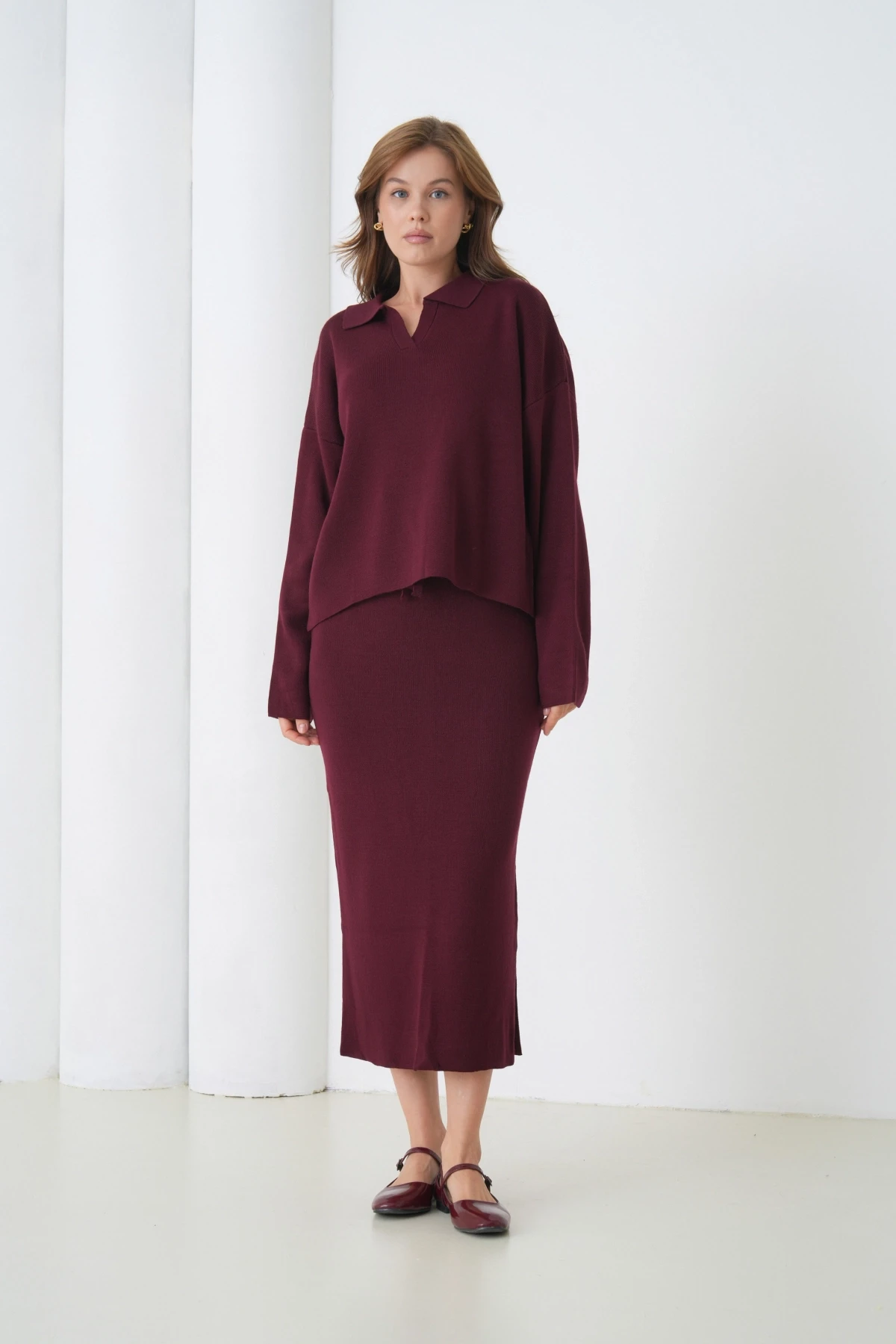 Kadın Polo Yaka Yarım Pat Oversize Kazak Pantolon Triko Alt-Üst Takım