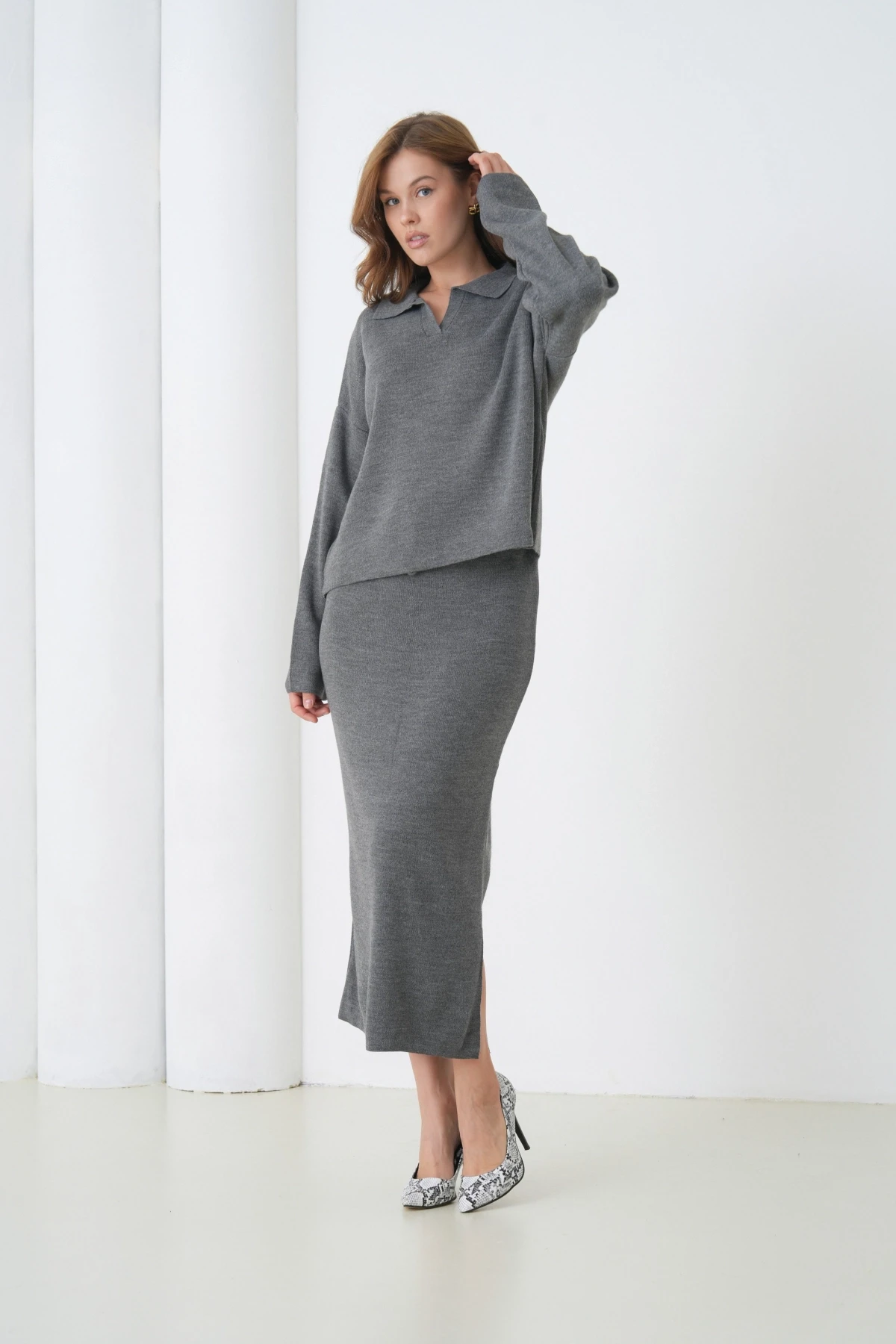 Kadın Polo Yaka Yarım Pat Oversize Kazak Pantolon Triko Alt-Üst Takım