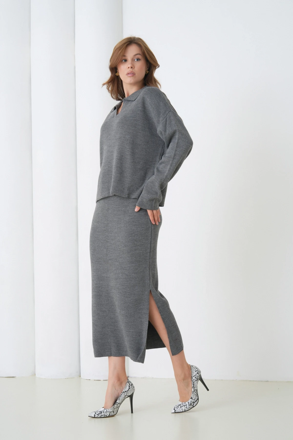 Kadın Polo Yaka Yarım Pat Oversize Kazak Pantolon Triko Alt-Üst Takım