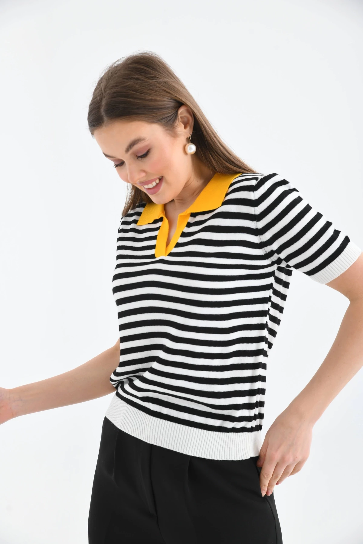 Kadın Polo Yaka Çizgili Triko Kazak