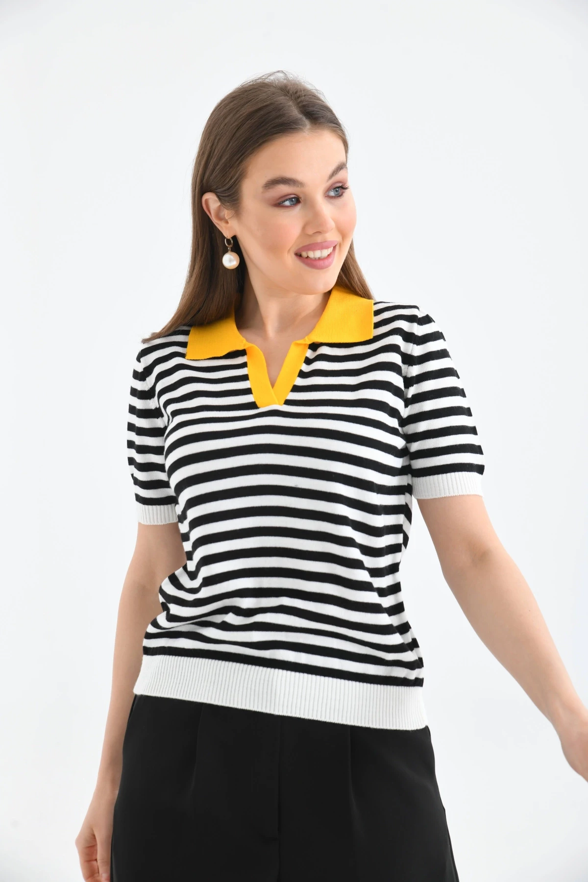 Kadın Polo Yaka Çizgili Triko Kazak