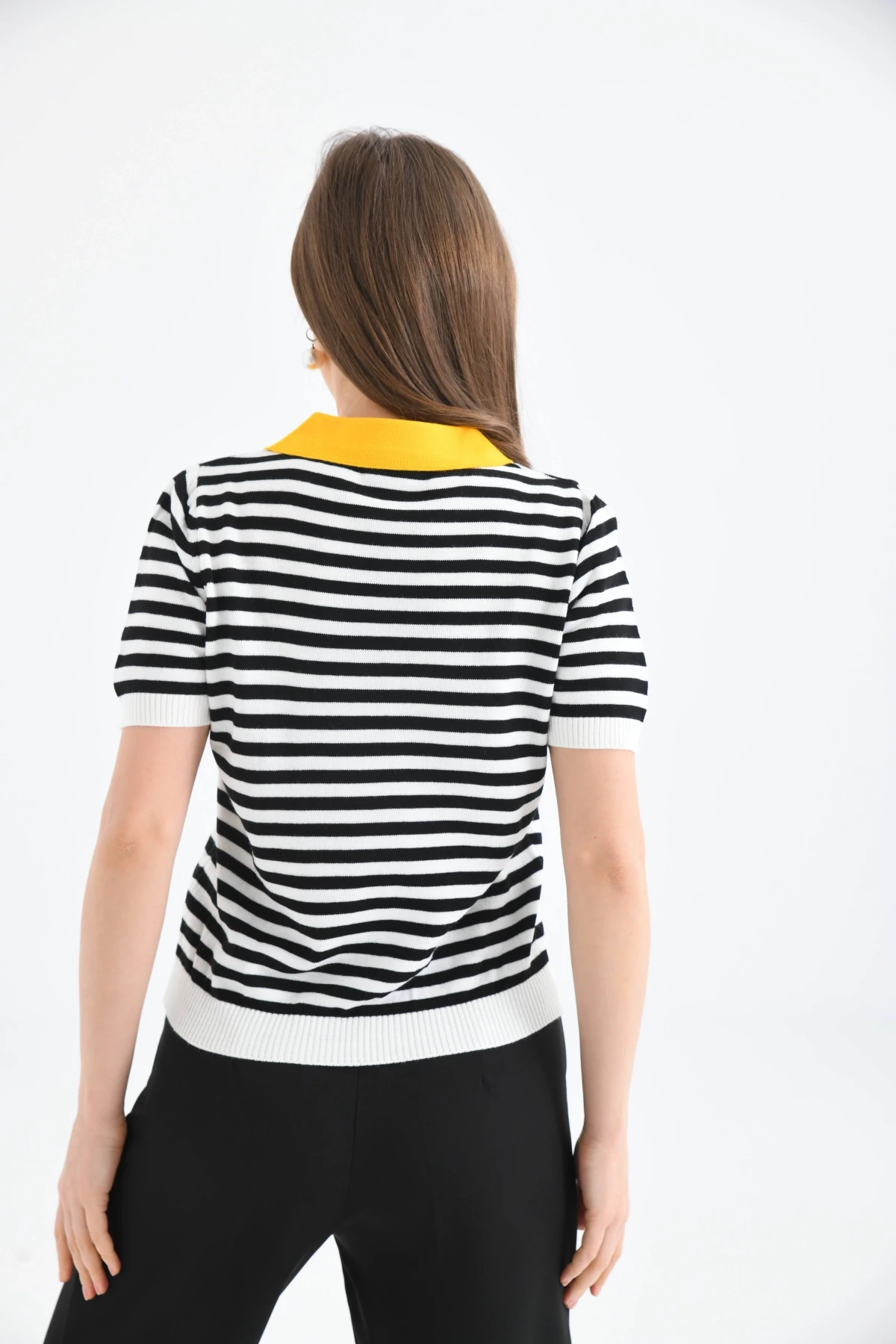 Kadın Polo Yaka Çizgili Triko Kazak