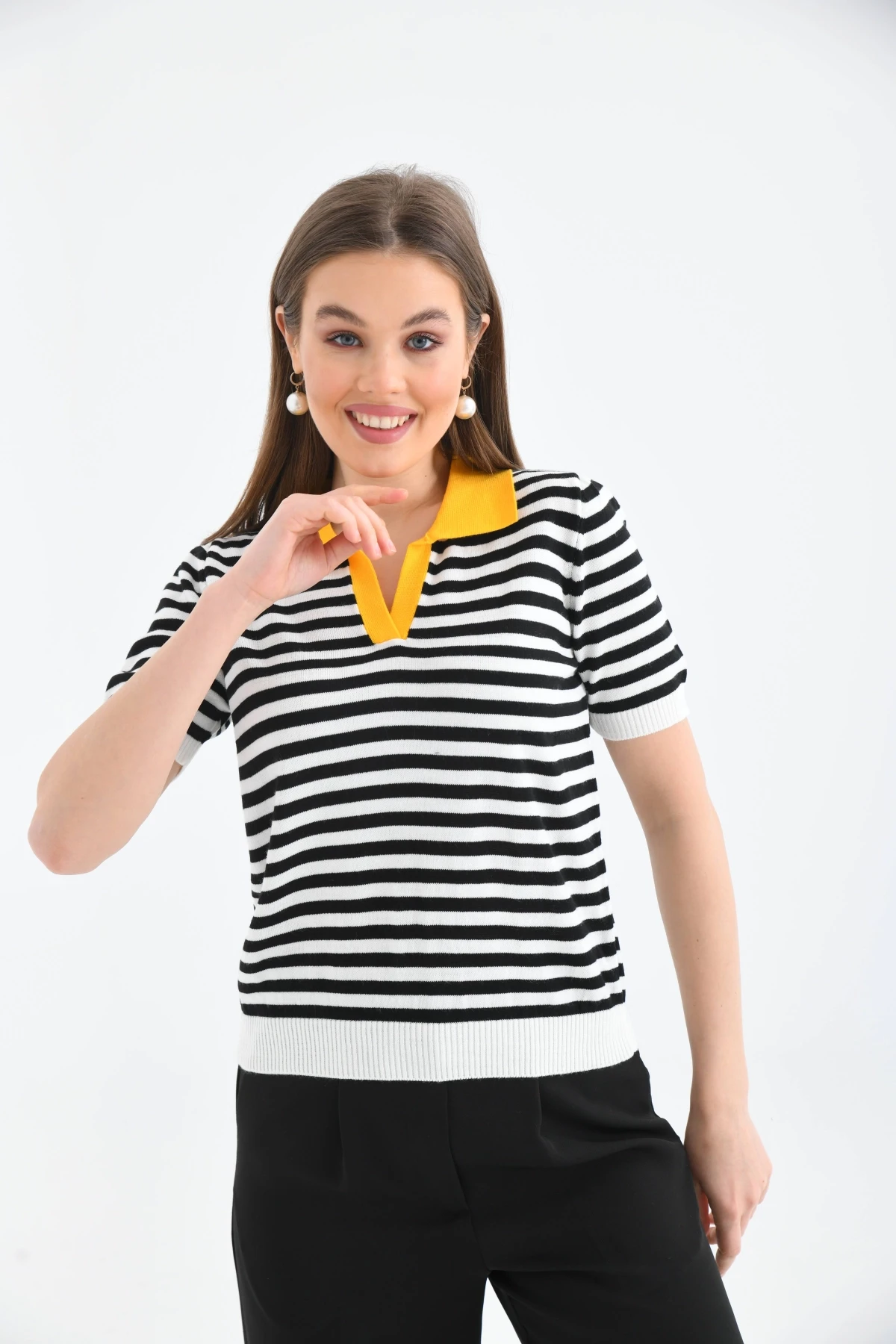 Kadın Polo Yaka Çizgili Triko Kazak