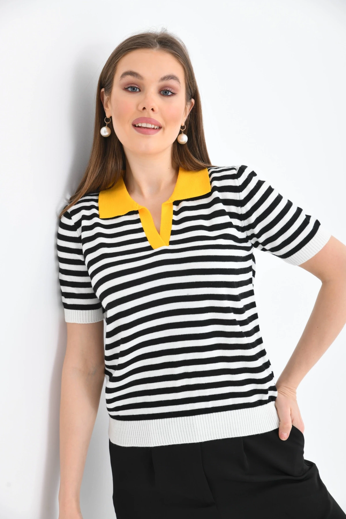 Kadın Polo Yaka Çizgili Triko Kazak