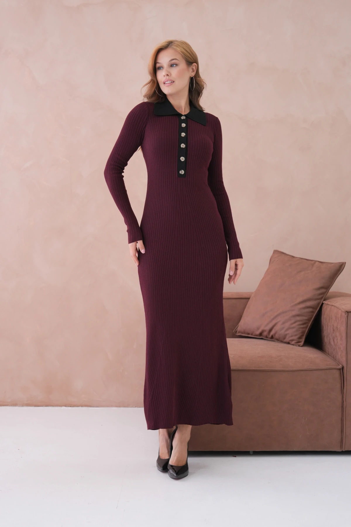 Kadın Polo Yaka Düğme Detay Kaşkorse Uzun Triko Elbise