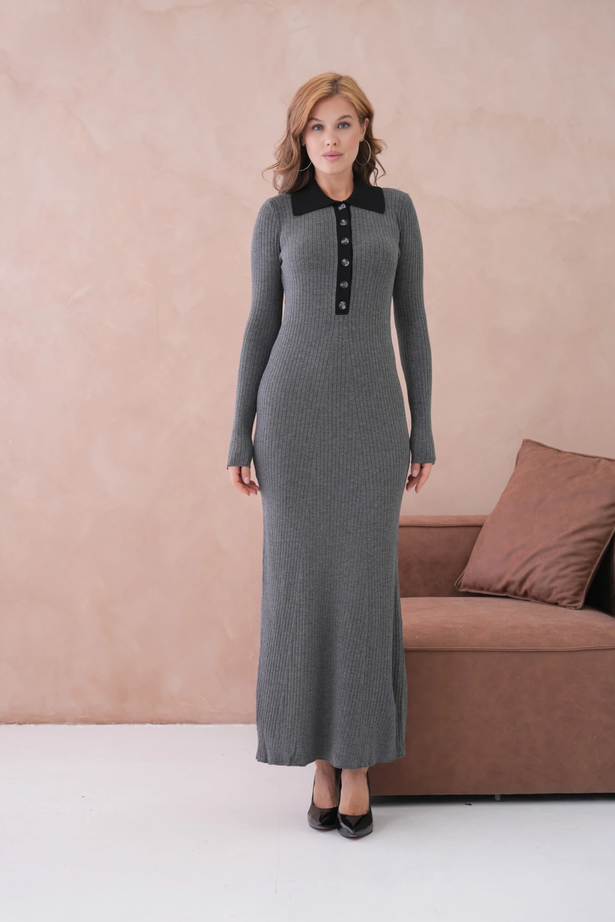 Kadın Polo Yaka Düğme Detay Kaşkorse Uzun Triko Elbise