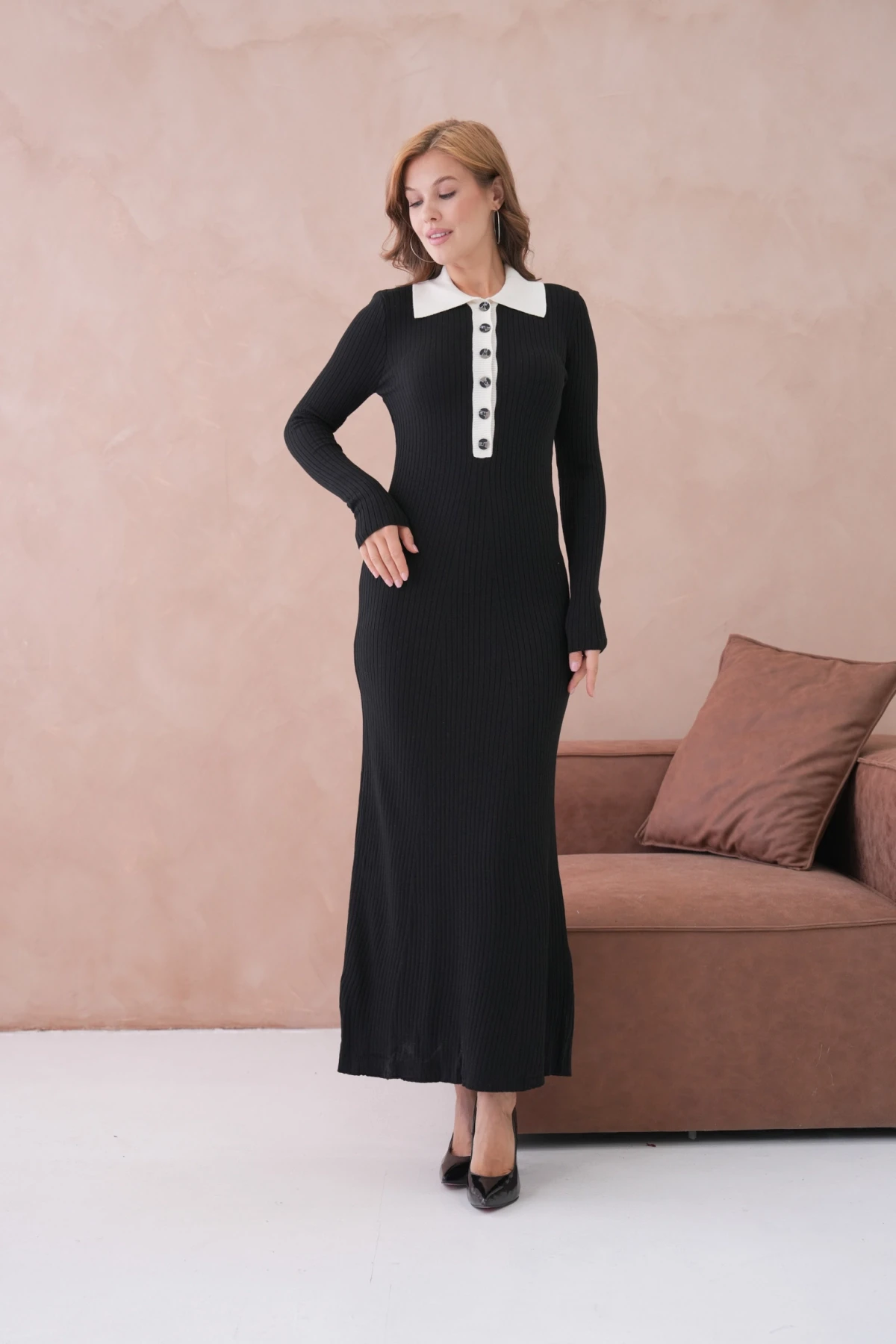 Kadın Polo Yaka Düğme Detay Kaşkorse Uzun Triko Elbise