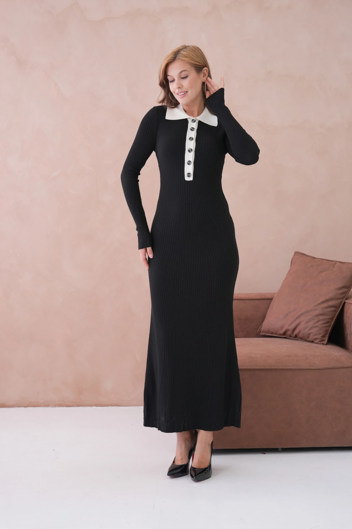 Kadın Polo Yaka Düğme Detay Kaşkorse Uzun Triko Elbise