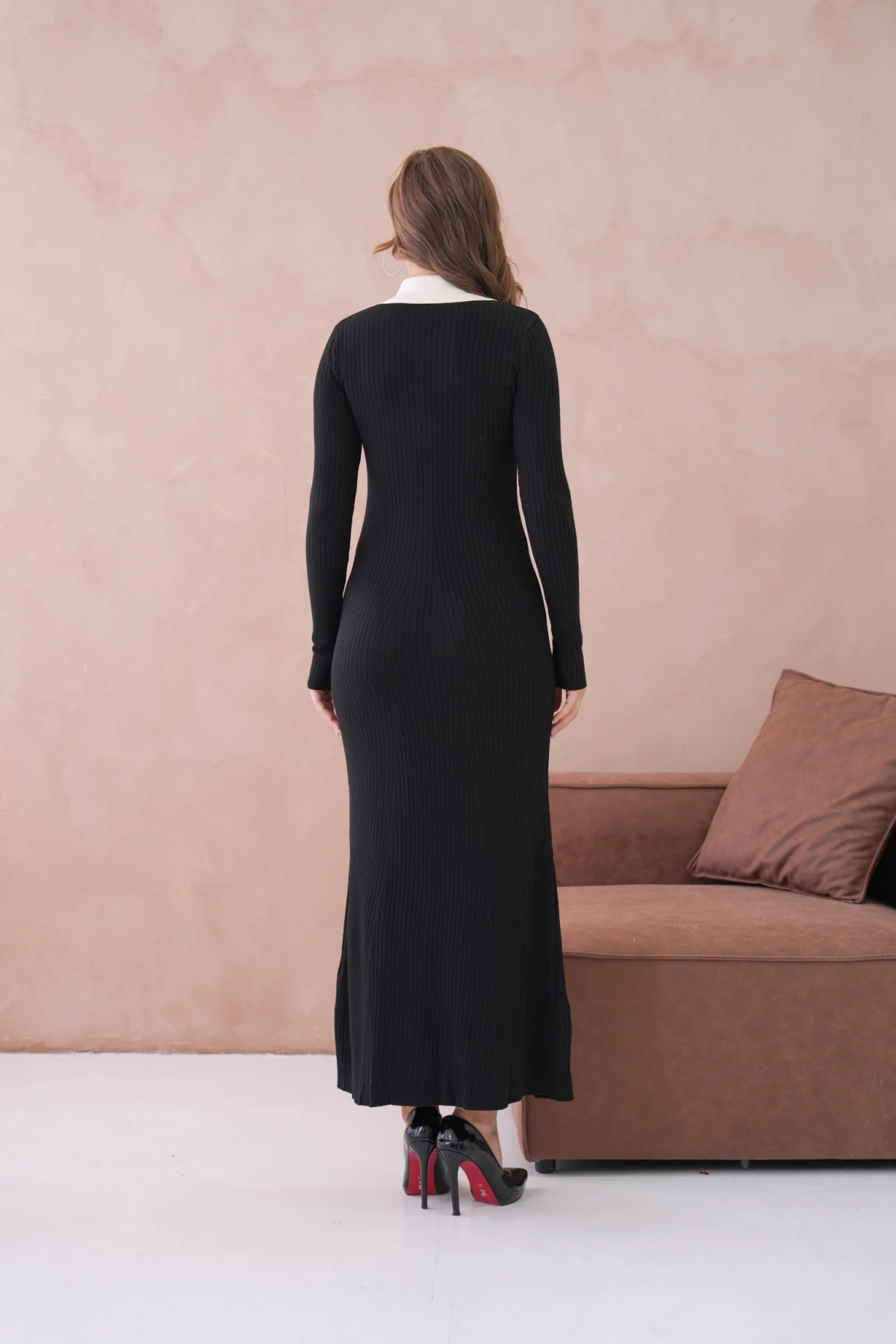 Kadın Polo Yaka Düğme Detay Kaşkorse Uzun Triko Elbise