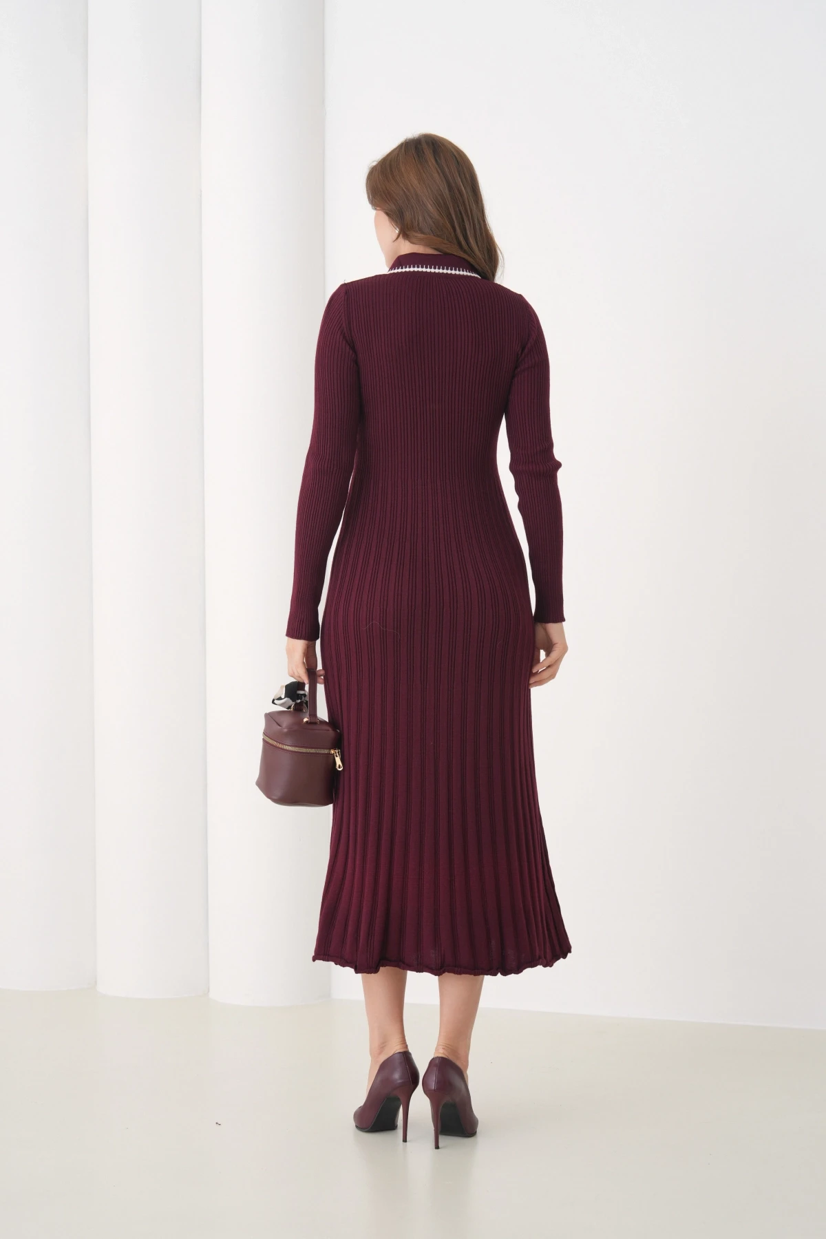 Kadın Polo Yaka Düğme Detay Kaşkorse Uzun Triko Elbise