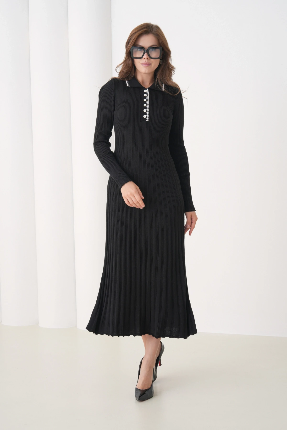 Kadın Polo Yaka Düğme Detay Kaşkorse Uzun Triko Elbise