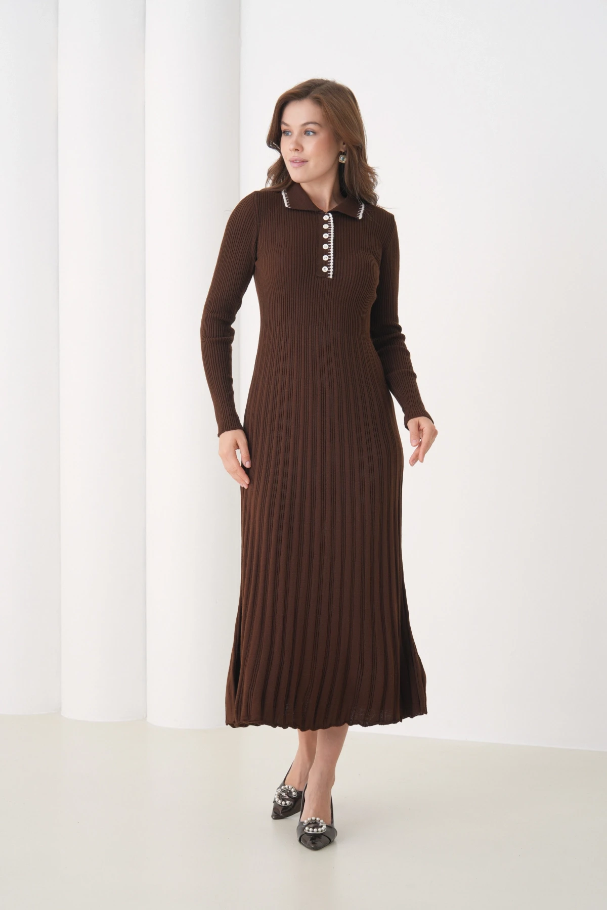 Kadın Polo Yaka Düğme Detay Kaşkorse Uzun Triko Elbise