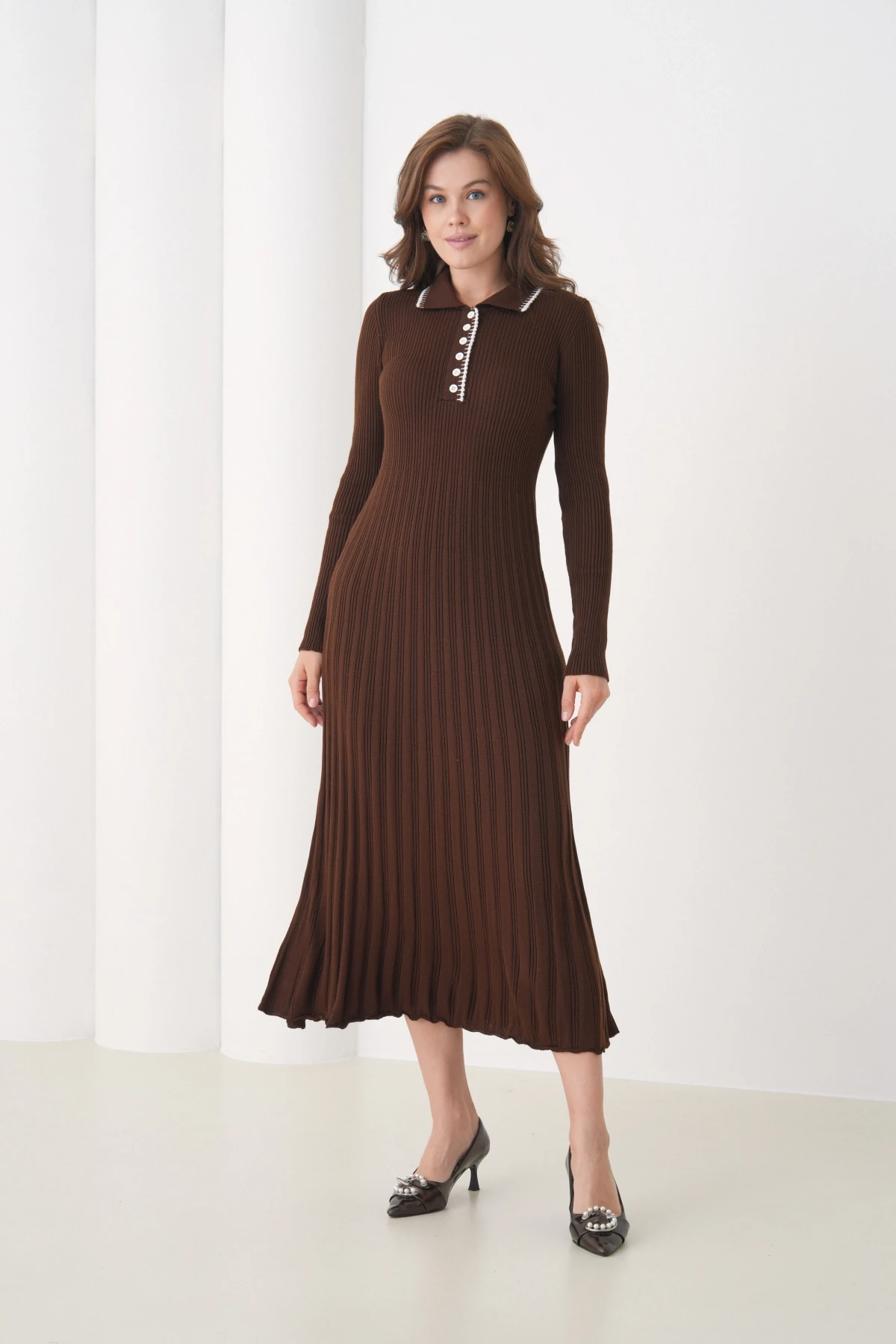 Kadın Polo Yaka Düğme Detay Kaşkorse Uzun Triko Elbise