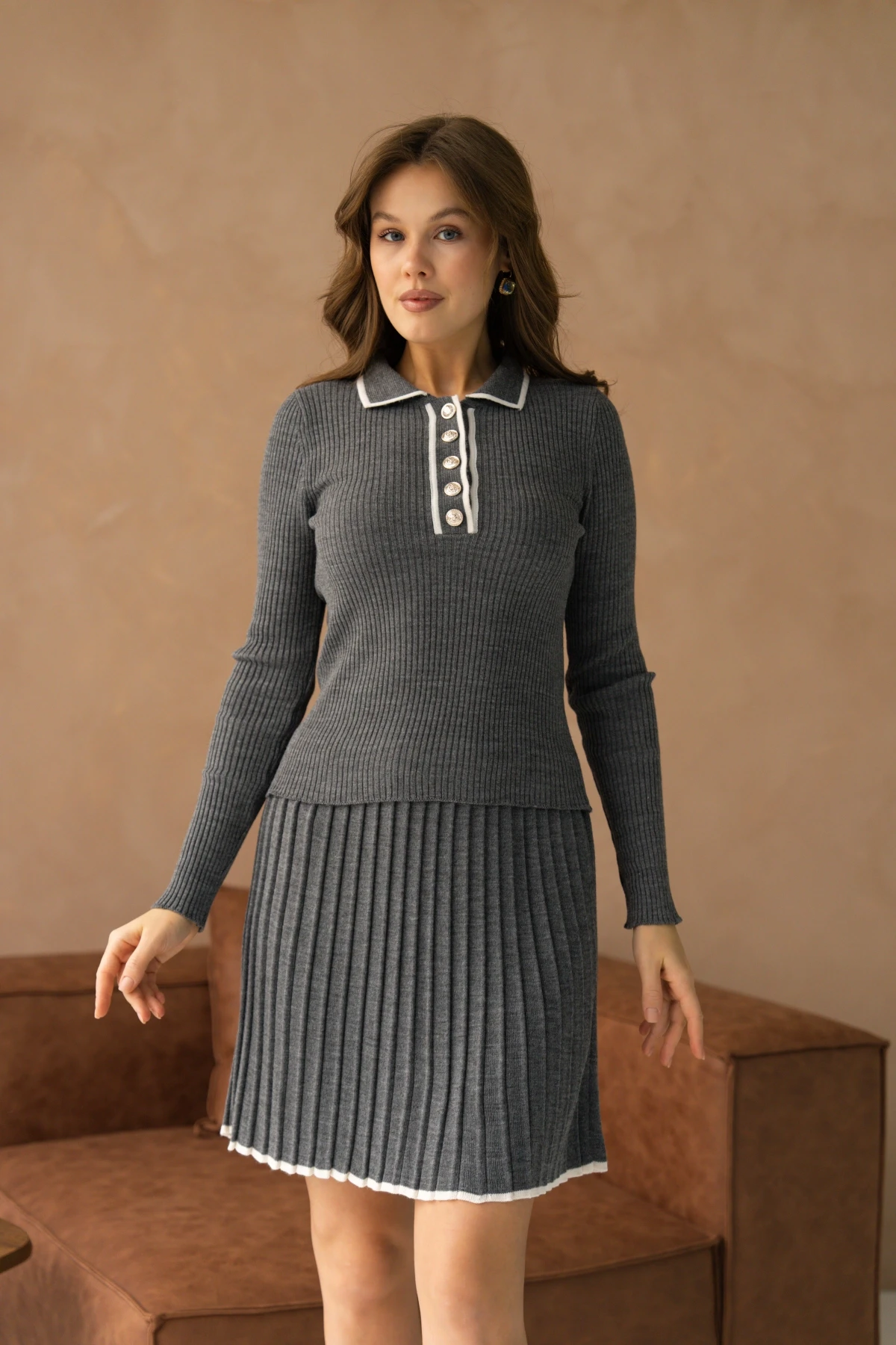 Kadın Polo Yaka Düğme Detay Kazak Etekli İkili Triko Takım